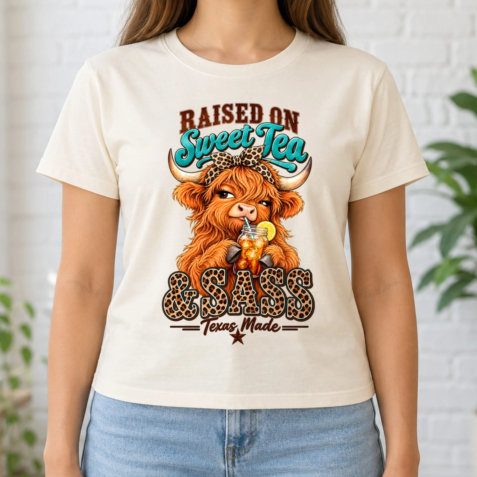 Raised on Sweet Tea and Sass Texas Highland Cow Leopard Bow Western DTF Transfer