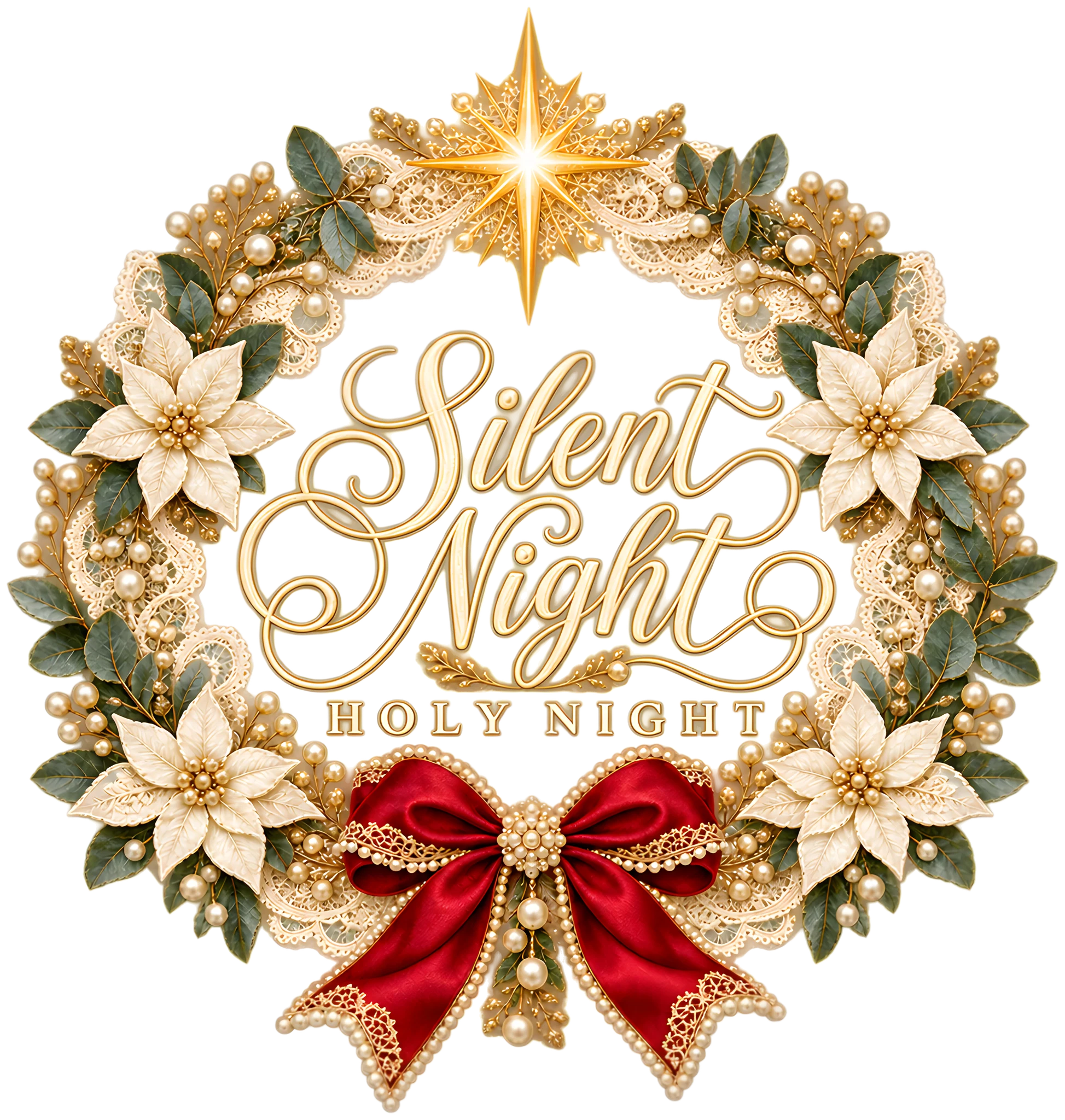 Silent Night Holy Night Faux Lace Pearl Wreath Christmas DTF Transfer