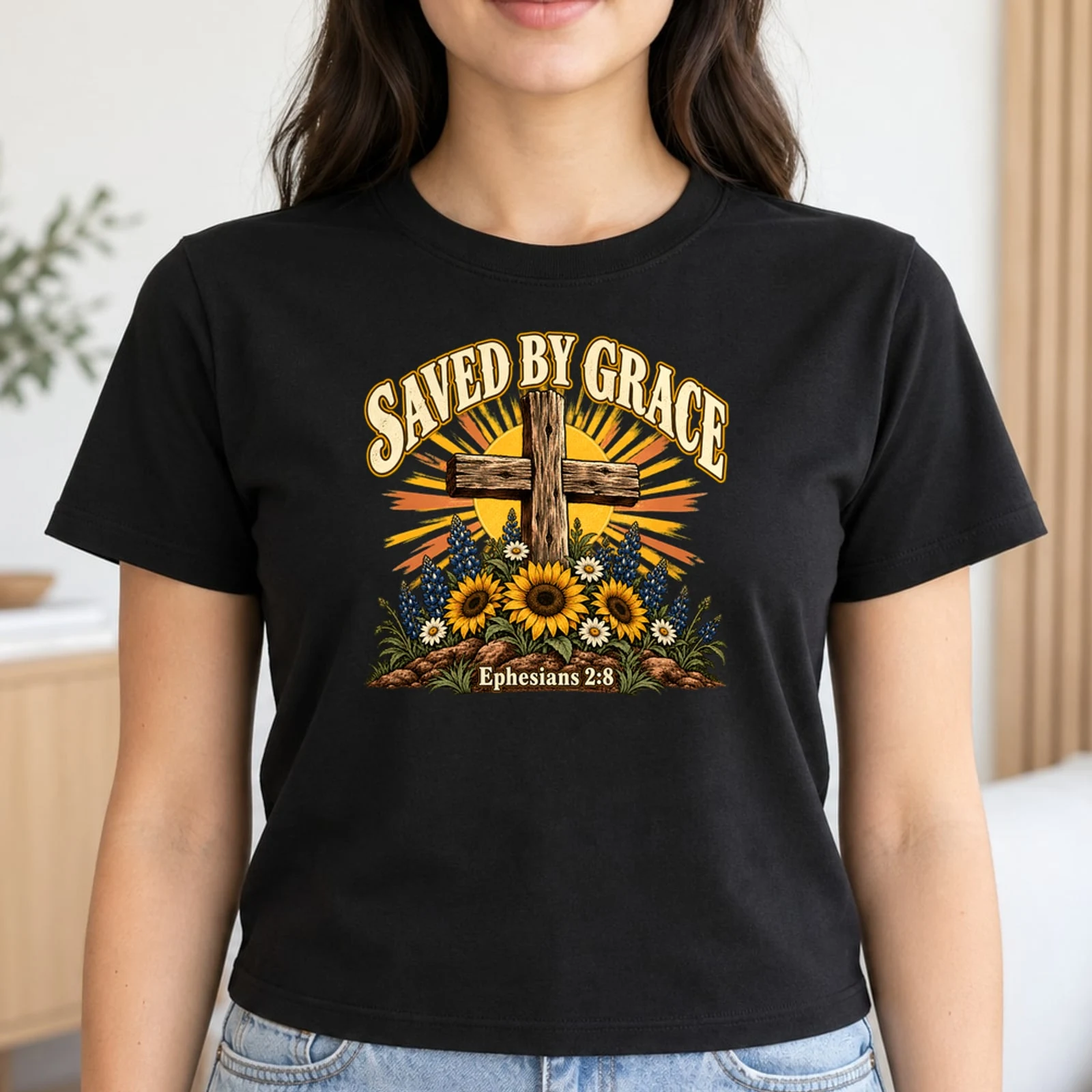 Saved by Grace Ephesians 2:8 Vintage Cross Wildflowers Christian DTF Transfer