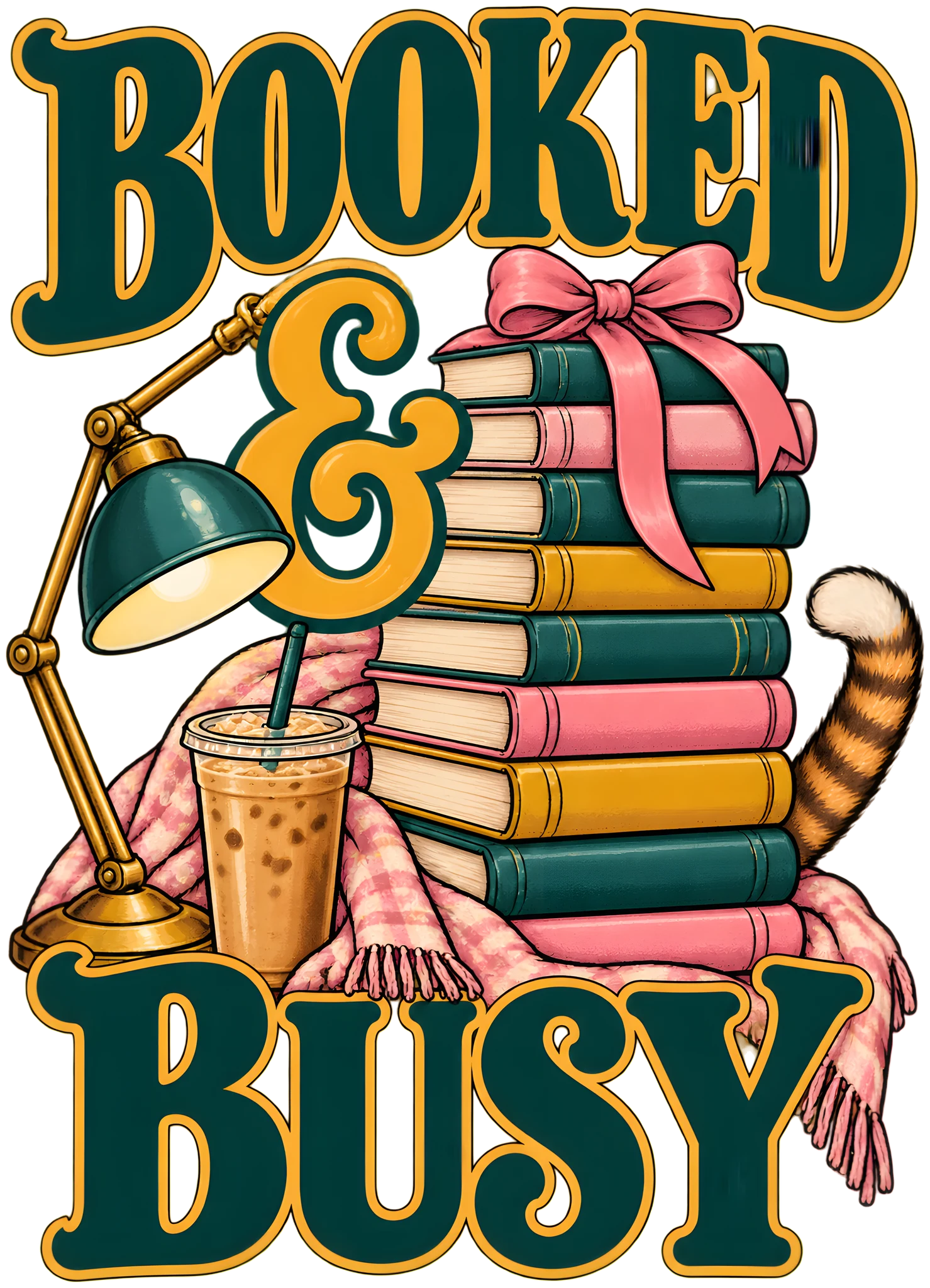 Booked and Busy Bookish Book Stack Iced Coffee Retro DTF Transfer