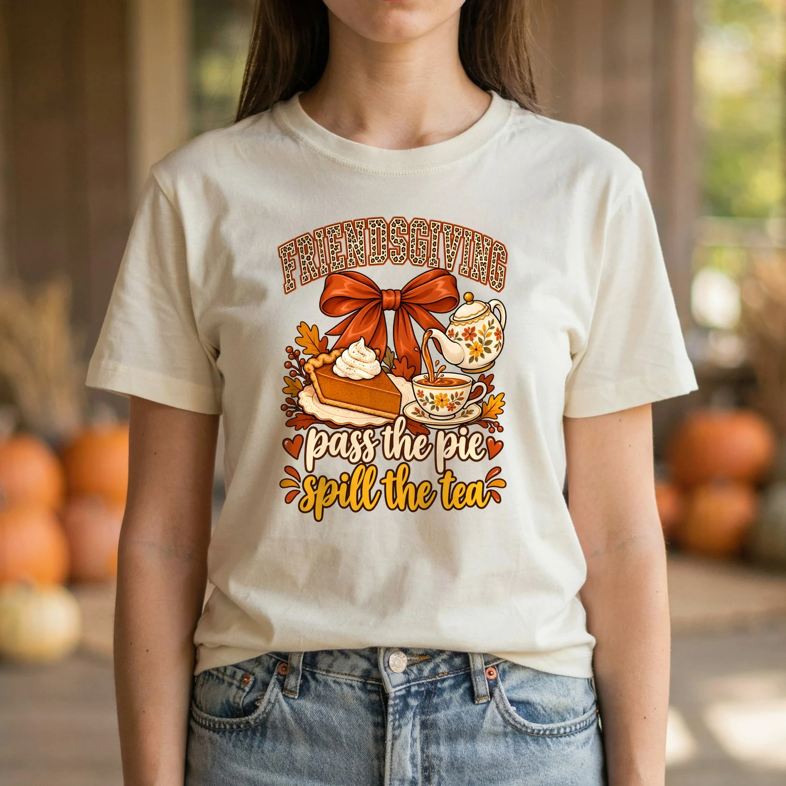 Friendsgiving Pass the Pie Spill the Tea Leopard Bow Fall DTF Transfer