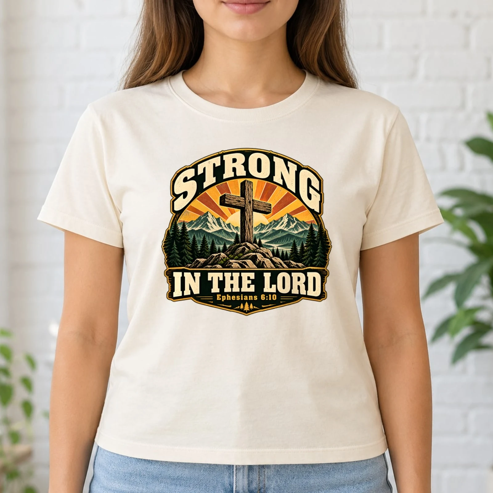 Strong in the Lord Ephesians 6:10 Vintage Mountain Cross Men's Christian DTF Transfer