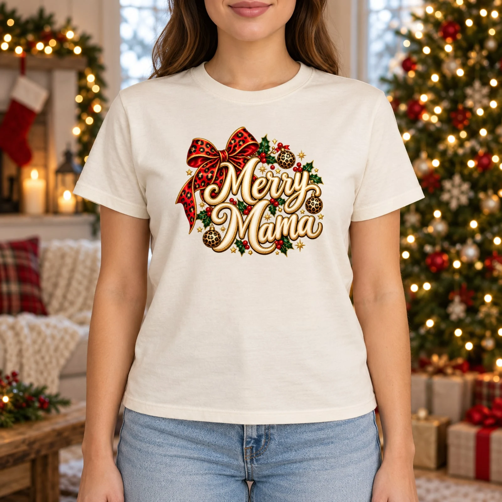 Merry Mama Leopard Bow Coquette Christmas Mom DTF Transfer