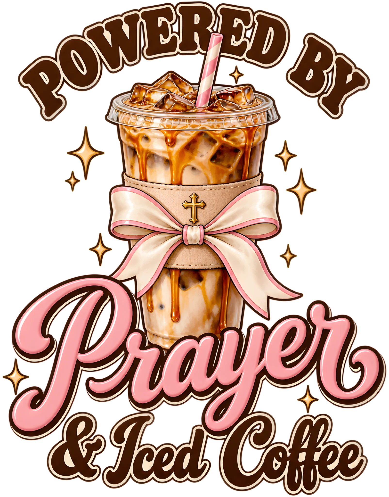 Powered by Prayer and Iced Coffee Christian Coffee Lover DTF Transfer