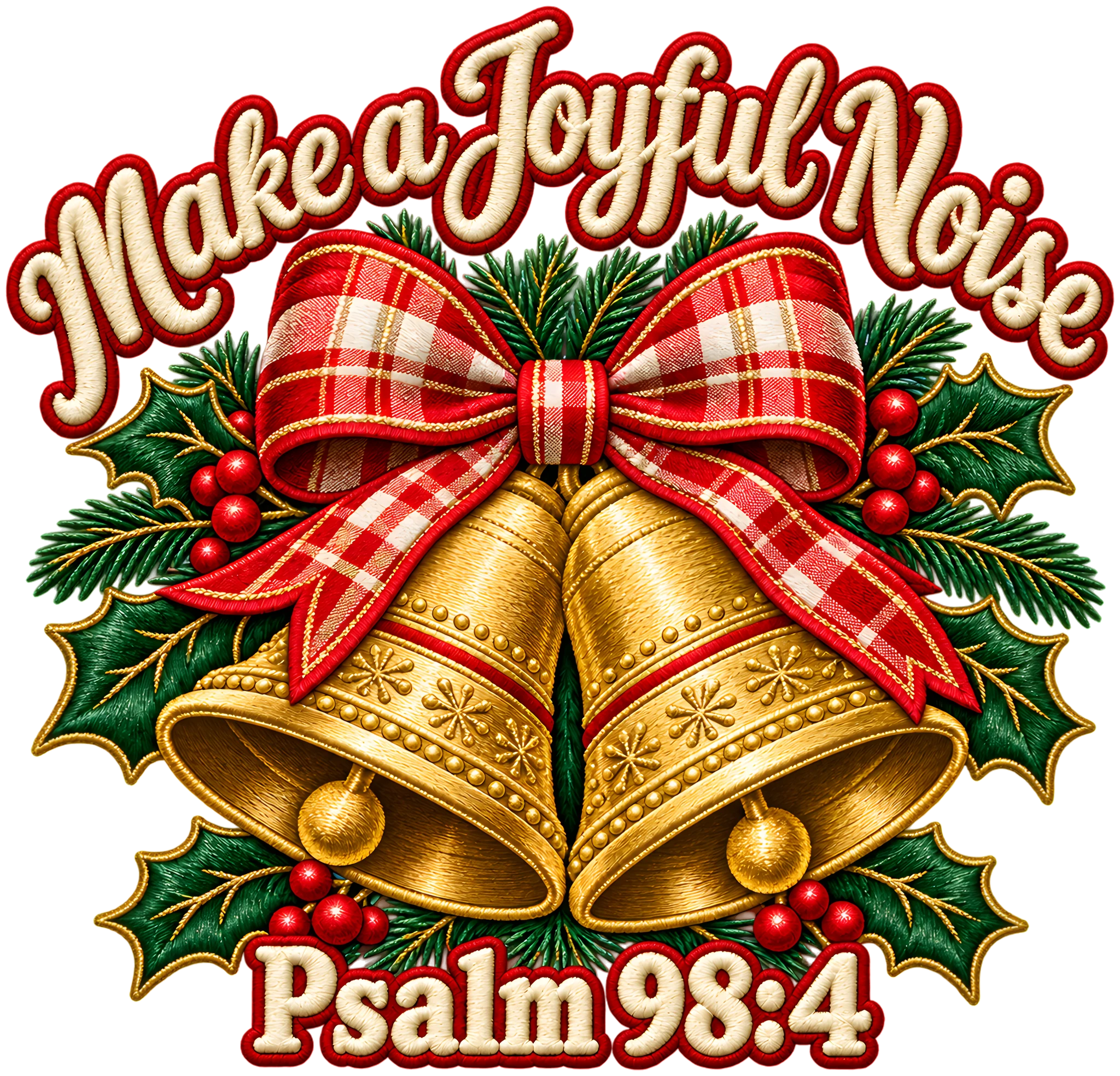Make a Joyful Noise Psalm 98:4 Faux Embroidery Christmas Bells DTF Transfer