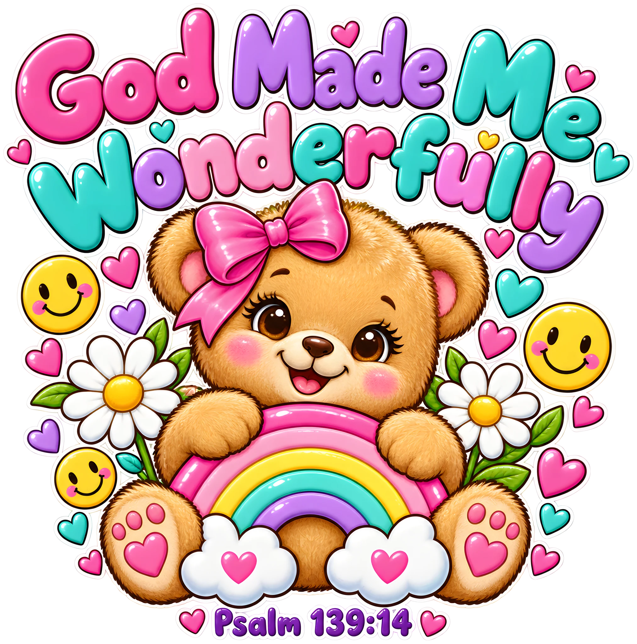 God Made Me Wonderfully Psalm 139:14 Kids Preppy Teddy DTF Transfer