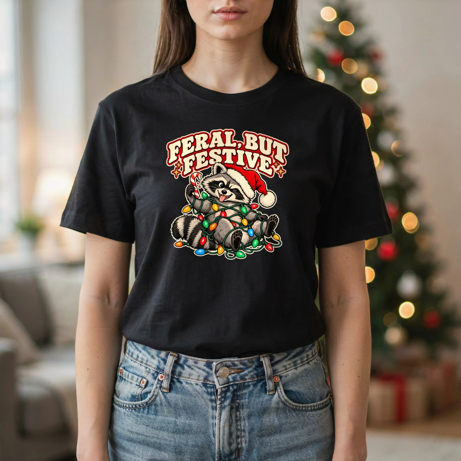 Feral But Festive Raccoon Christmas Lights Funny DTF Transfer