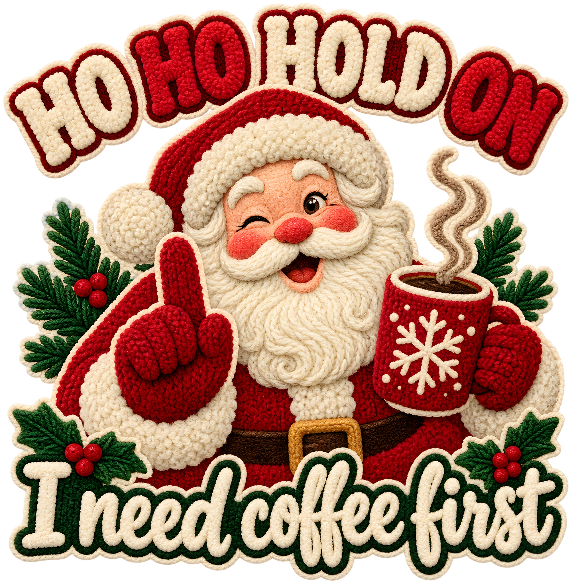 Ho Ho Hold On I Need Coffee First Punch Needle Santa DTF Transfer