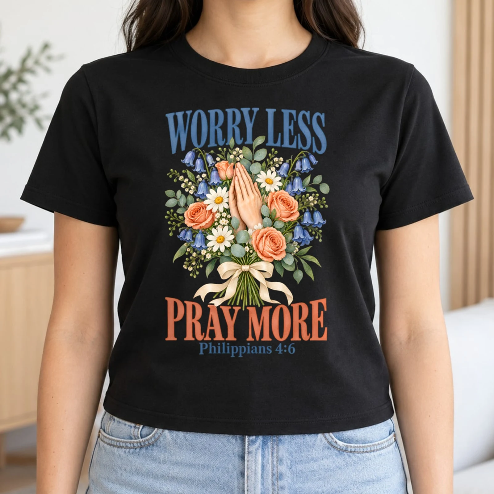 Worry Less Pray More Philippians 4:6 Watercolor Wildflower Christian DTF Transfer
