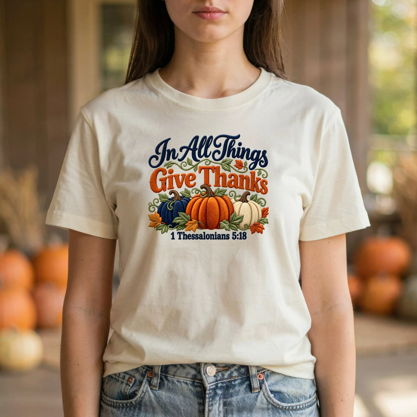 In All Things Give Thanks 1 Thessalonians 5:18 Faux Embroidery Pumpkin DTF Transfer