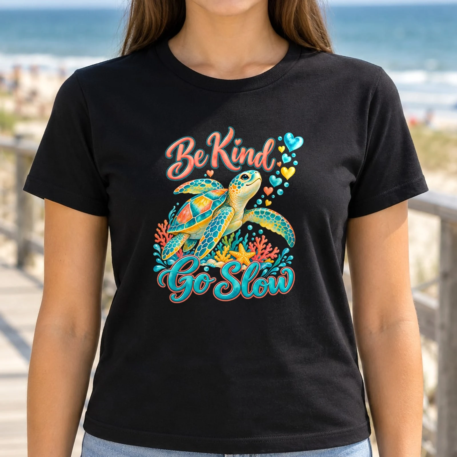 Be Kind Go Slow Watercolor Sea Turtle Heart Bubbles DTF Transfer