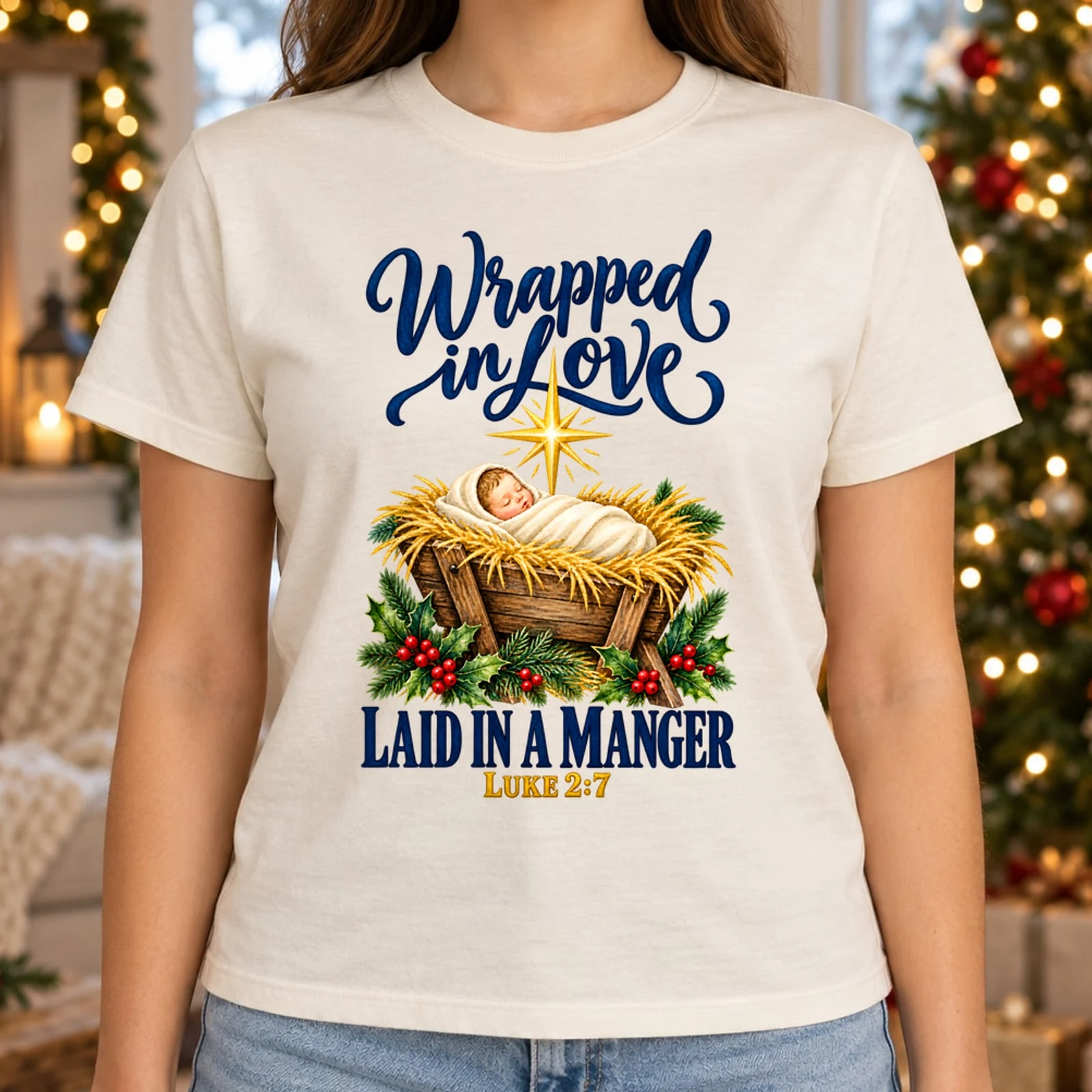 Wrapped in Love Laid in a Manger Luke 2:7 Watercolor Nativity DTF Transfer