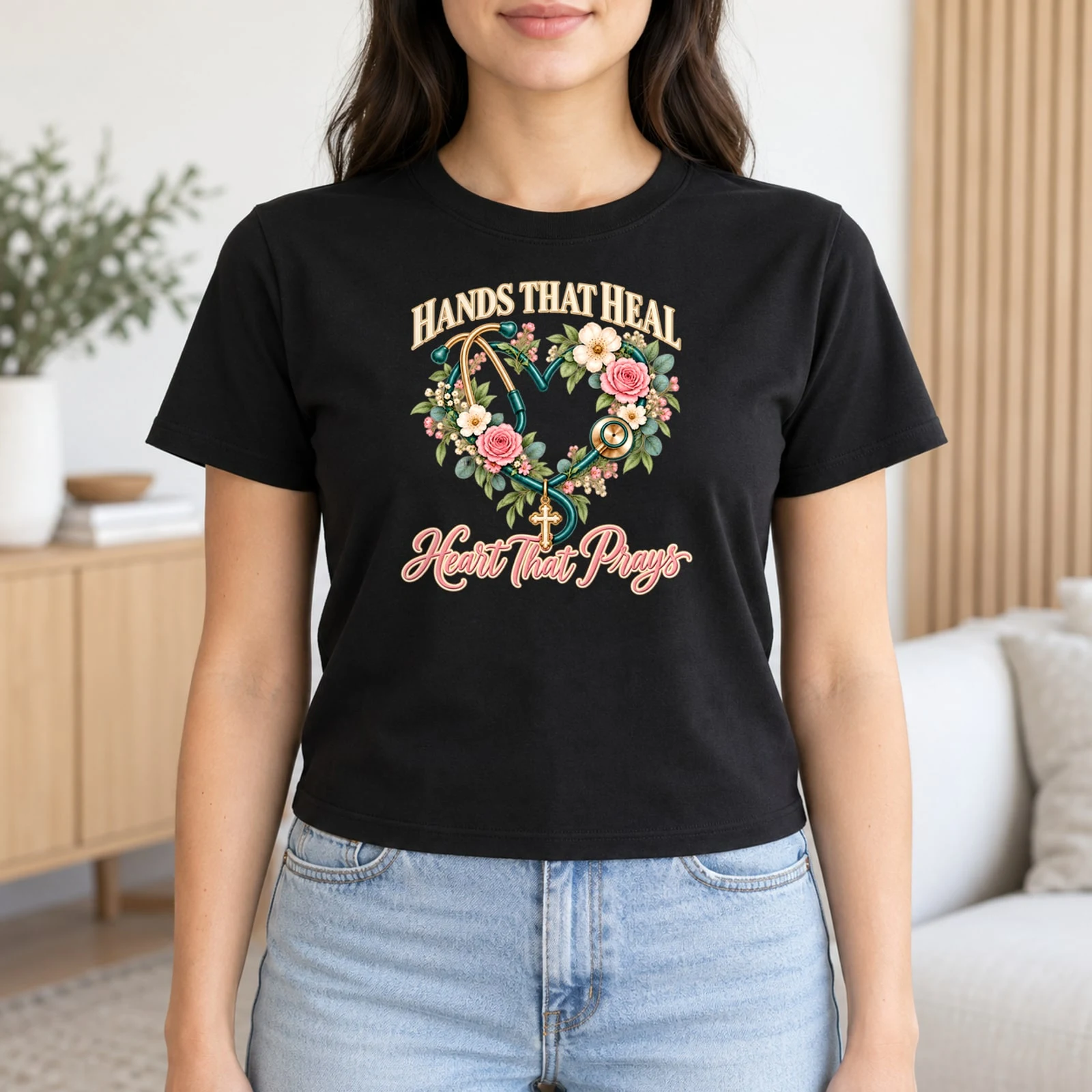 Hands That Heal Heart That Prays Nurse Stethoscope Floral DTF Transfer