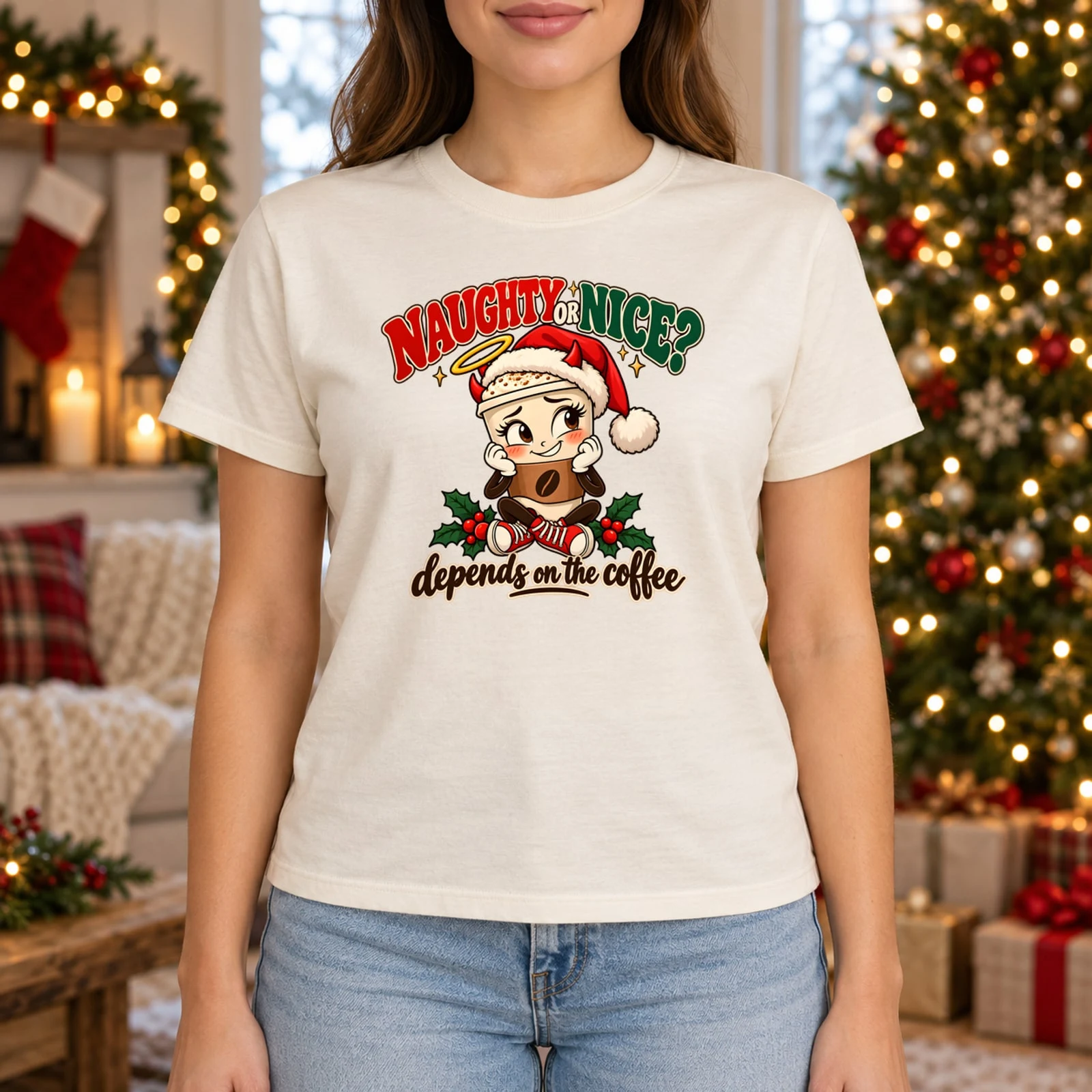 Naughty or Nice Depends on the Coffee Funny Christmas DTF Transfer