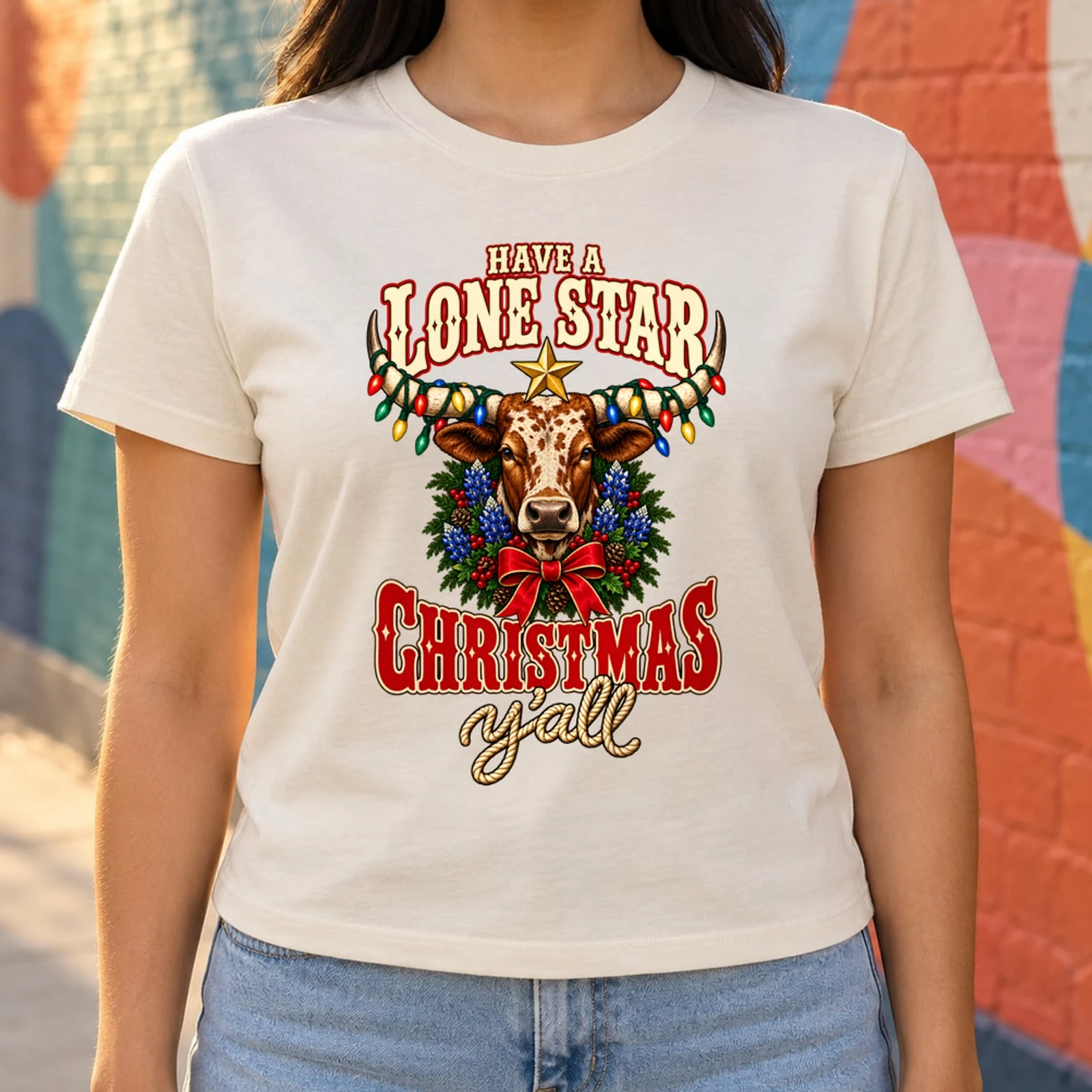 Have a Lone Star Christmas Y'all Longhorn Christmas Lights Western DTF Transfer