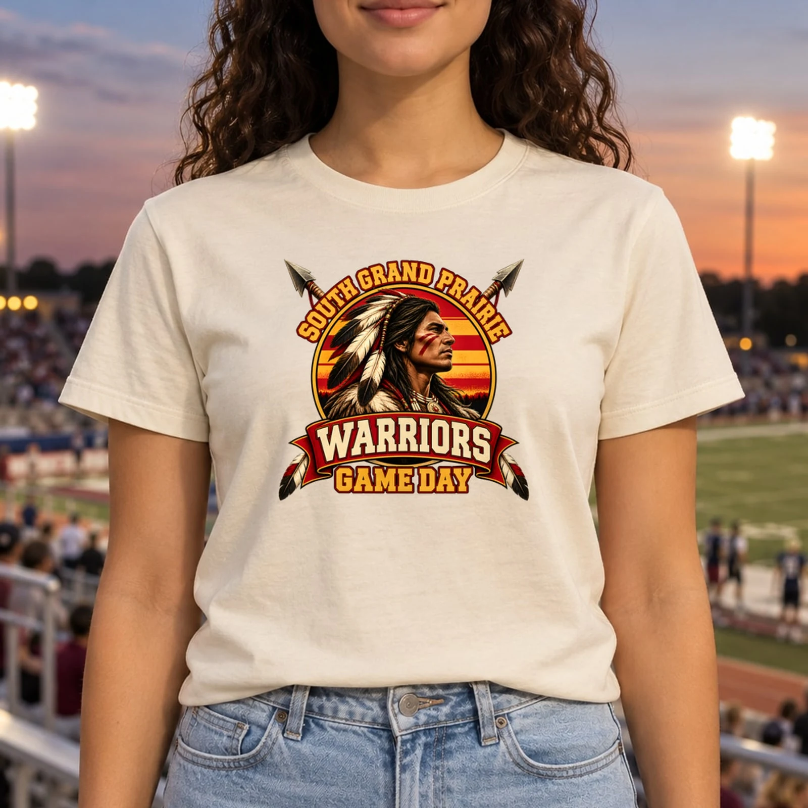 South Grand Prairie Warriors Retro Sunset Game Day Badge DTF Transfer