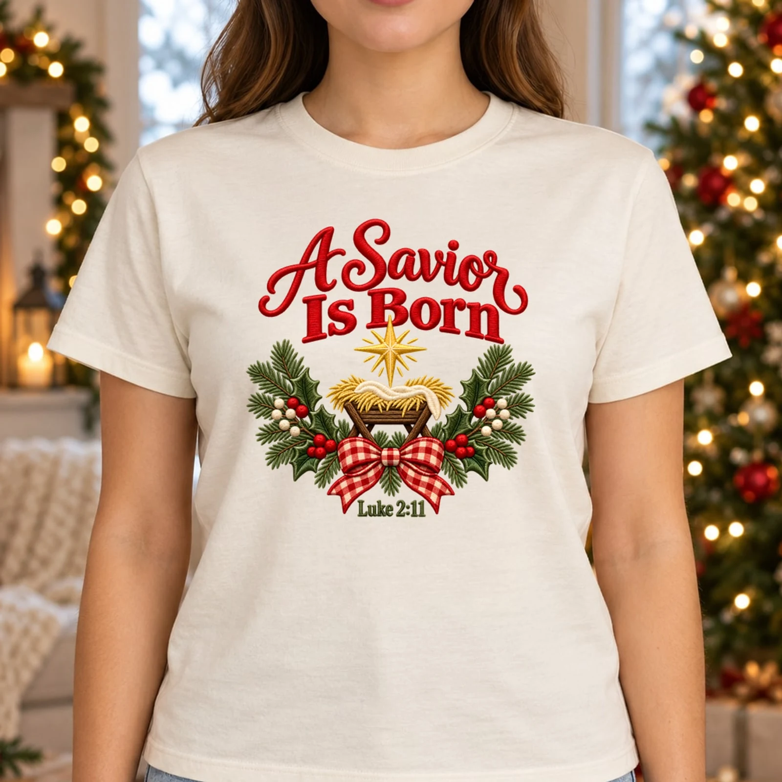 A Savior Is Born Luke 2:11 Faux Embroidery Gingham Bow Christian Christmas DTF Transfer