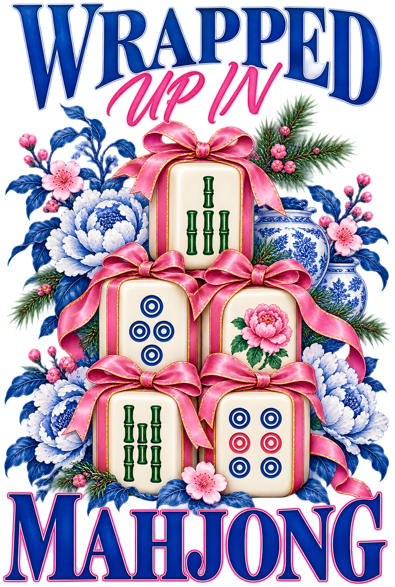 Wrapped Up in Mahjong Christmas Tiles Pink Bow Chinoiserie DTF Transfer