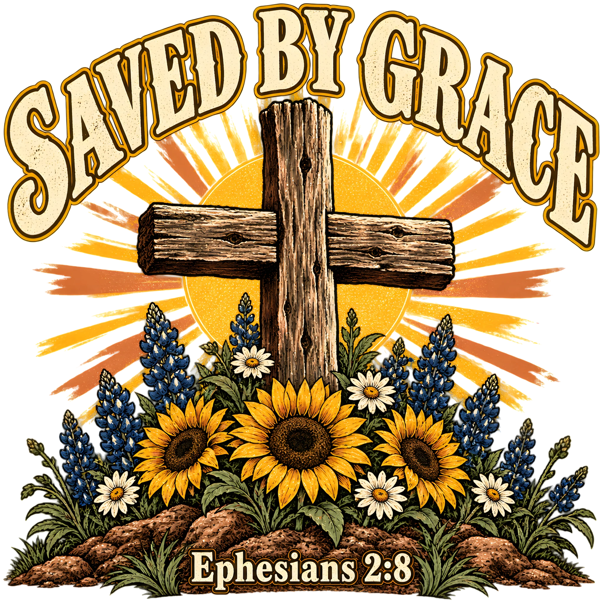Saved by Grace Ephesians 2:8 Vintage Cross Wildflowers Christian DTF Transfer