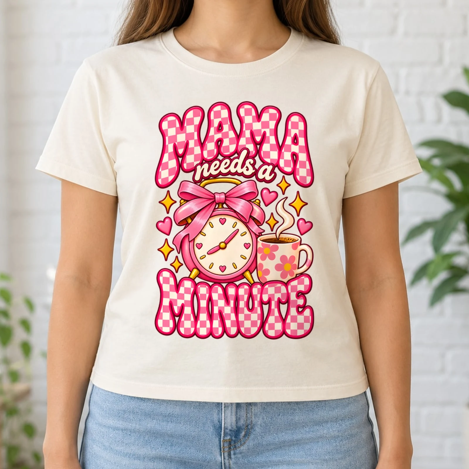 Mama Needs a Minute Funny Retro Groovy Checkered Bow Mom DTF Transfer