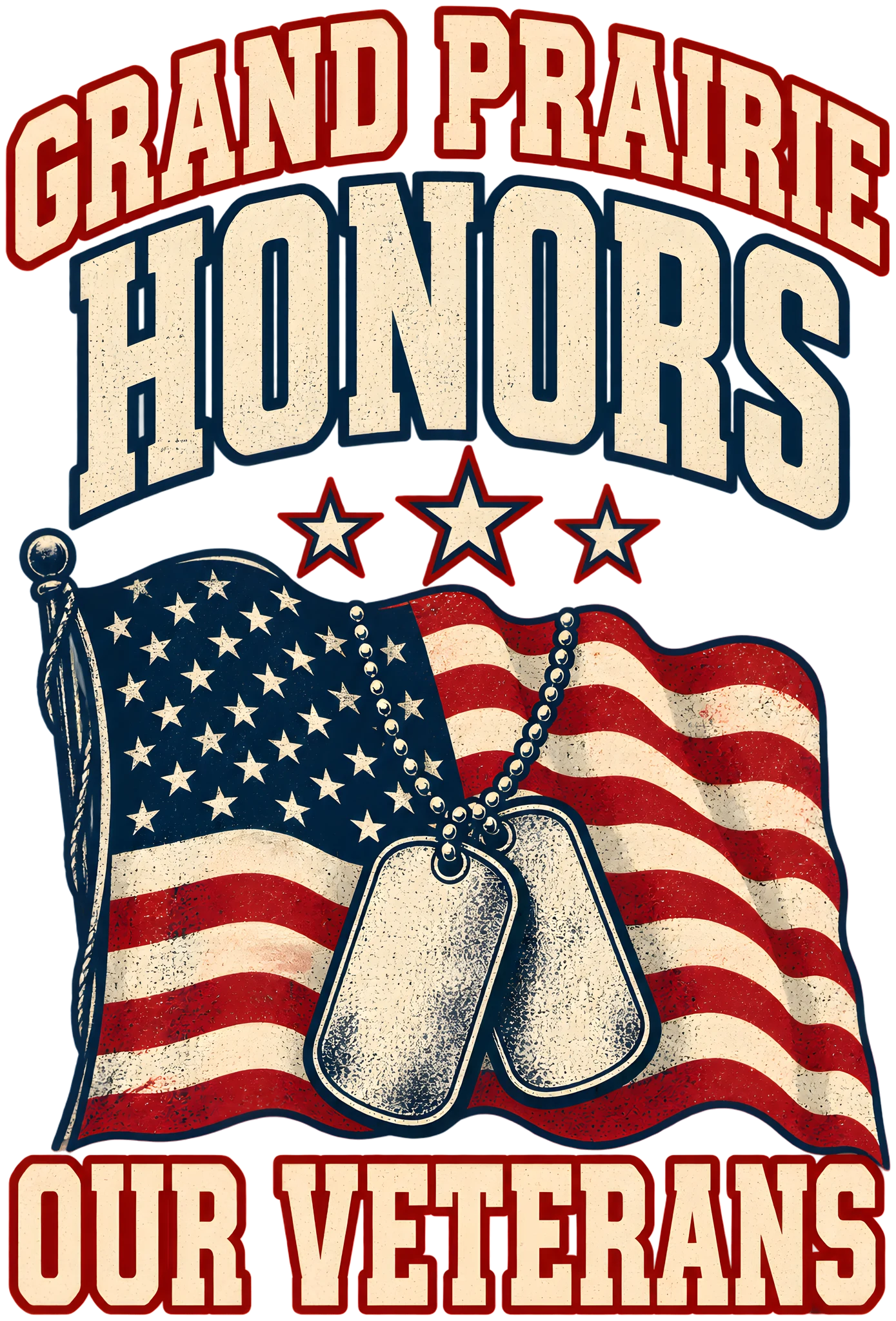 Grand Prairie Honors Our Veterans Vintage Flag Dog Tags Veterans Day DTF Transfer