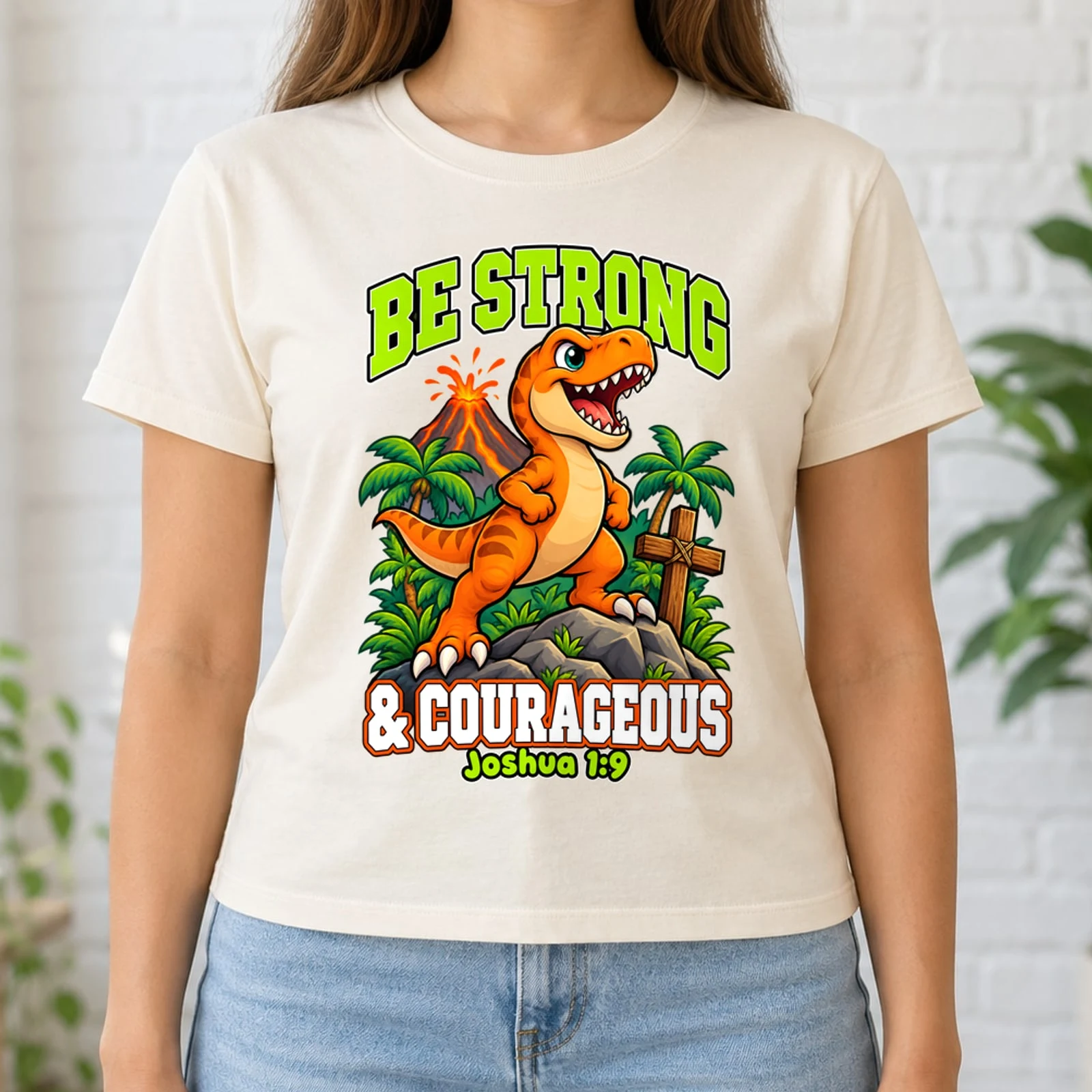 Be Strong and Courageous Joshua 1:9 Kids Dinosaur Christian DTF Transfer