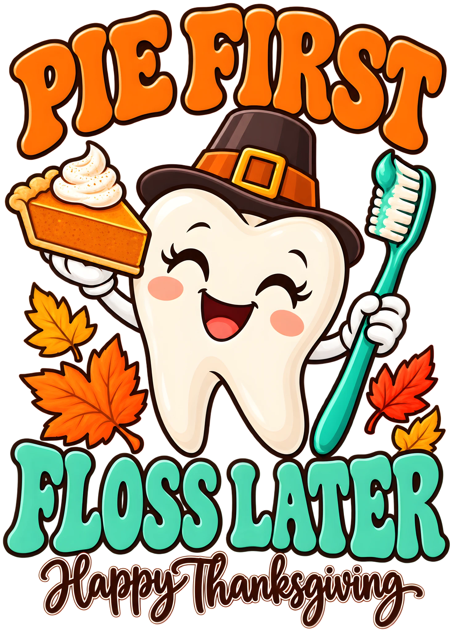 Pie First Floss Later Funny Dental Thanksgiving Tooth Pilgrim DTF Transfer