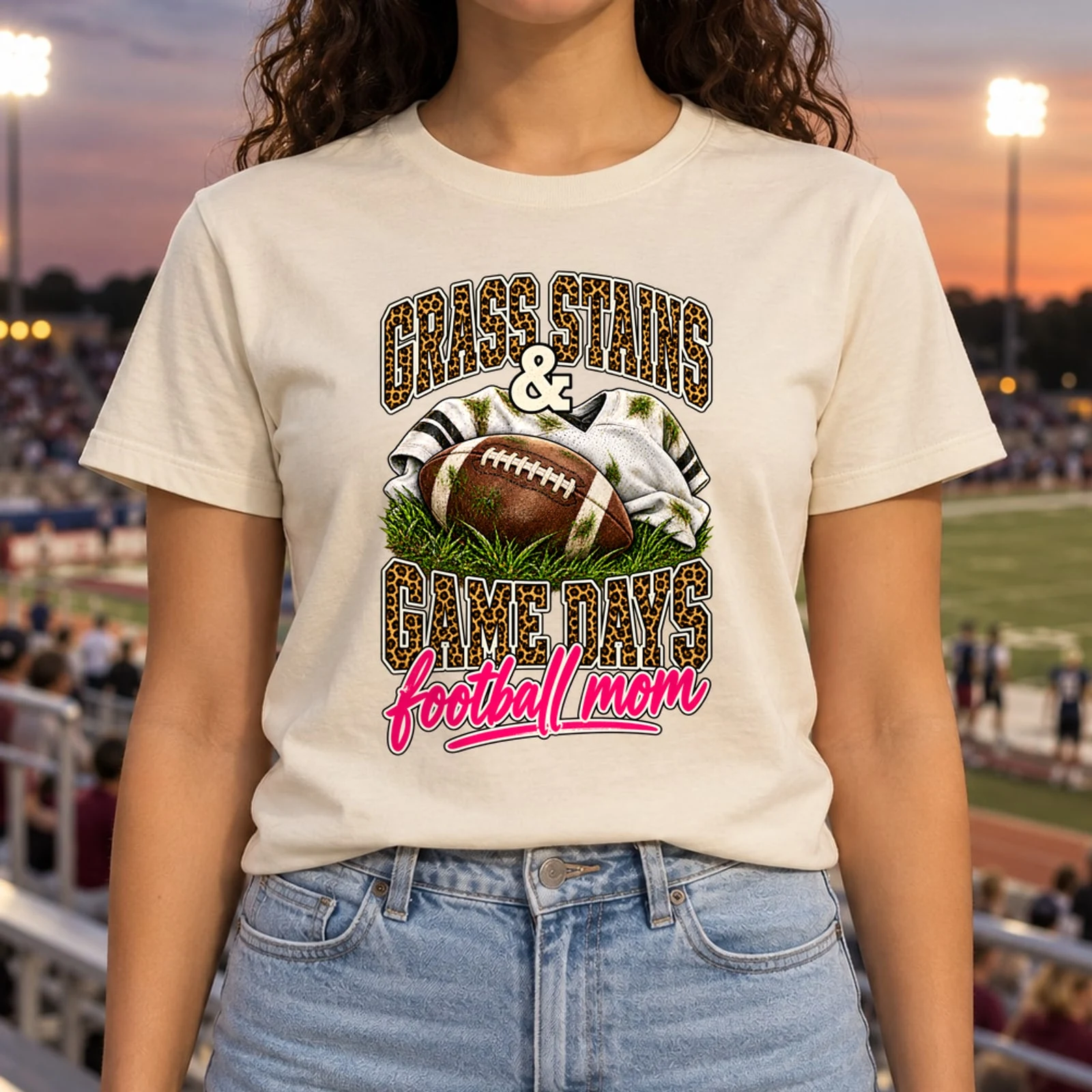 Grass Stains and Game Days Football Mom Leopard Varsity DTF Transfer