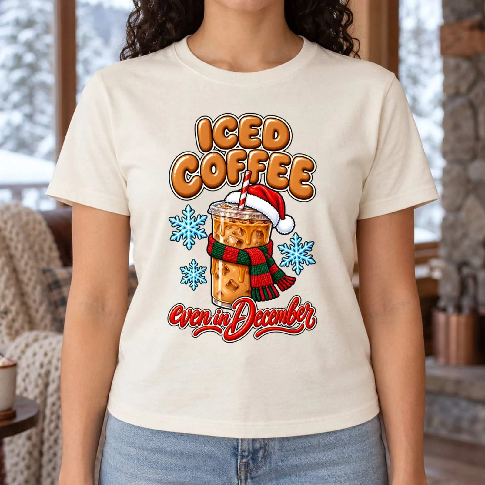 Iced Coffee Even in December Funny Winter Coffee Santa Hat DTF Transfer