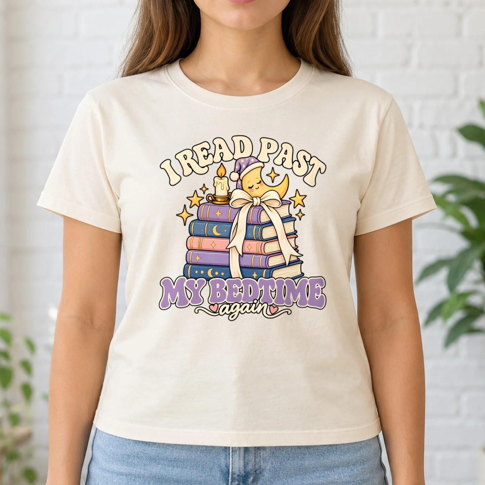 I Read Past My Bedtime Bookish Moon Book Stack Coquette Bow DTF Transfer