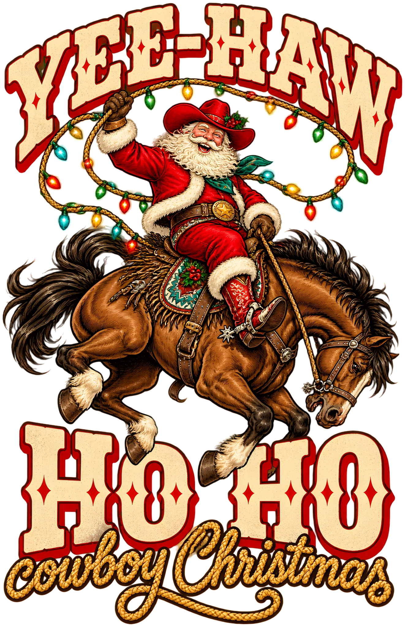 Yee-Haw Ho Ho Cowboy Santa Western Christmas Lights Lasso DTF Transfer