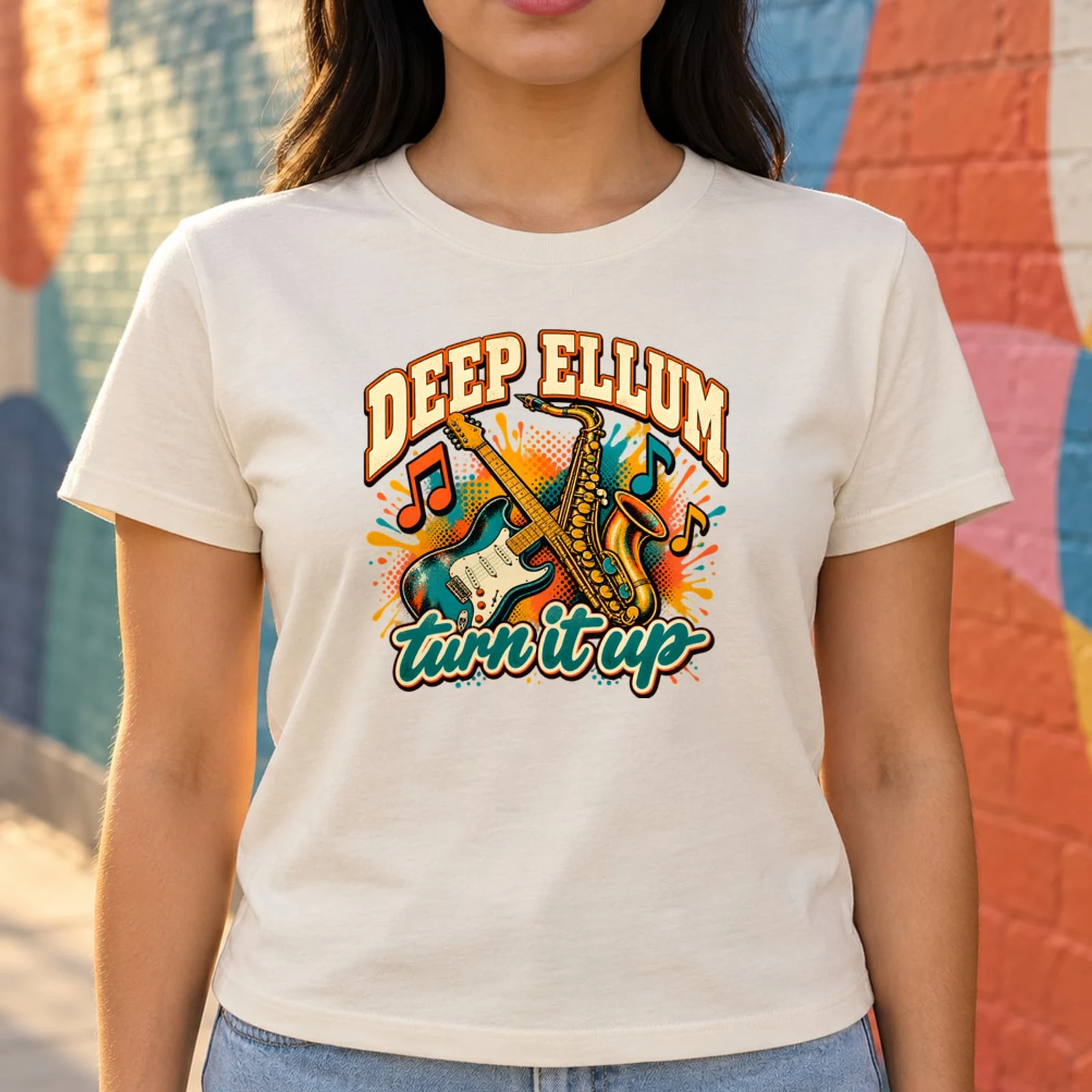 Deep Ellum Turn It Up Retro Halftone Guitar and Sax Music DTF Transfer
