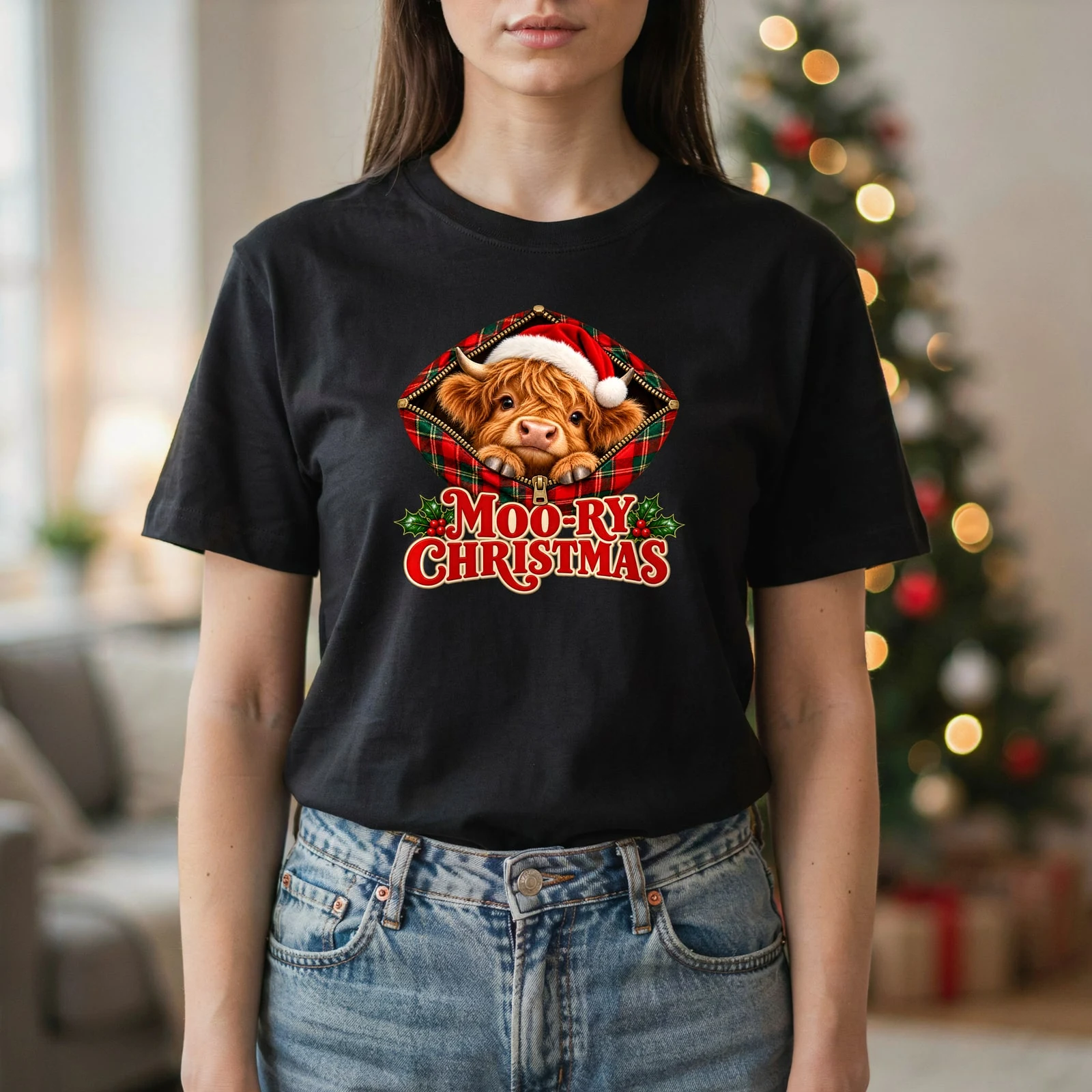 Moo-ry Christmas Highland Cow Zipper Peek-a-Boo DTF Transfer