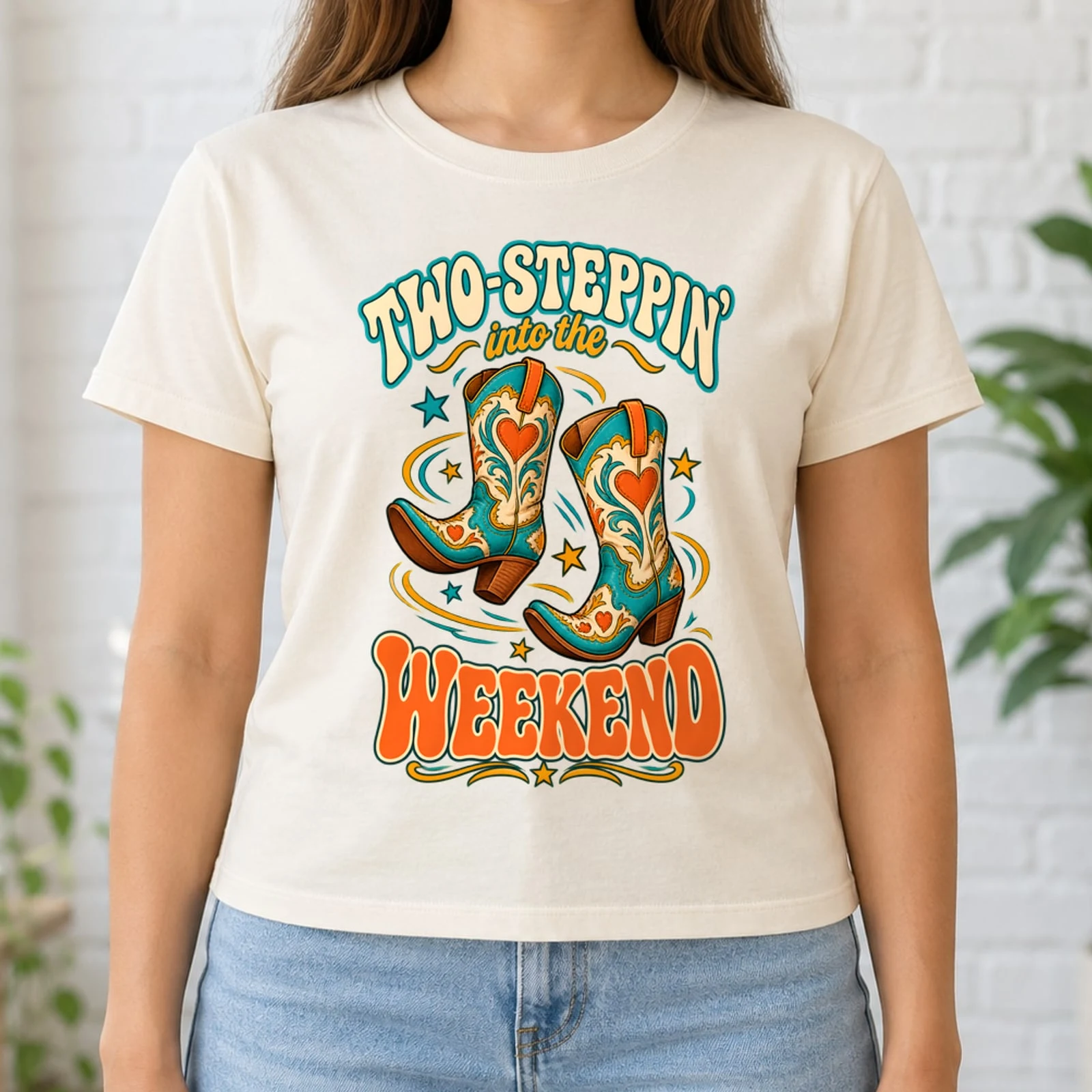 Two-Steppin' Into the Weekend Retro Cowgirl Boots Texas Western DTF Transfer