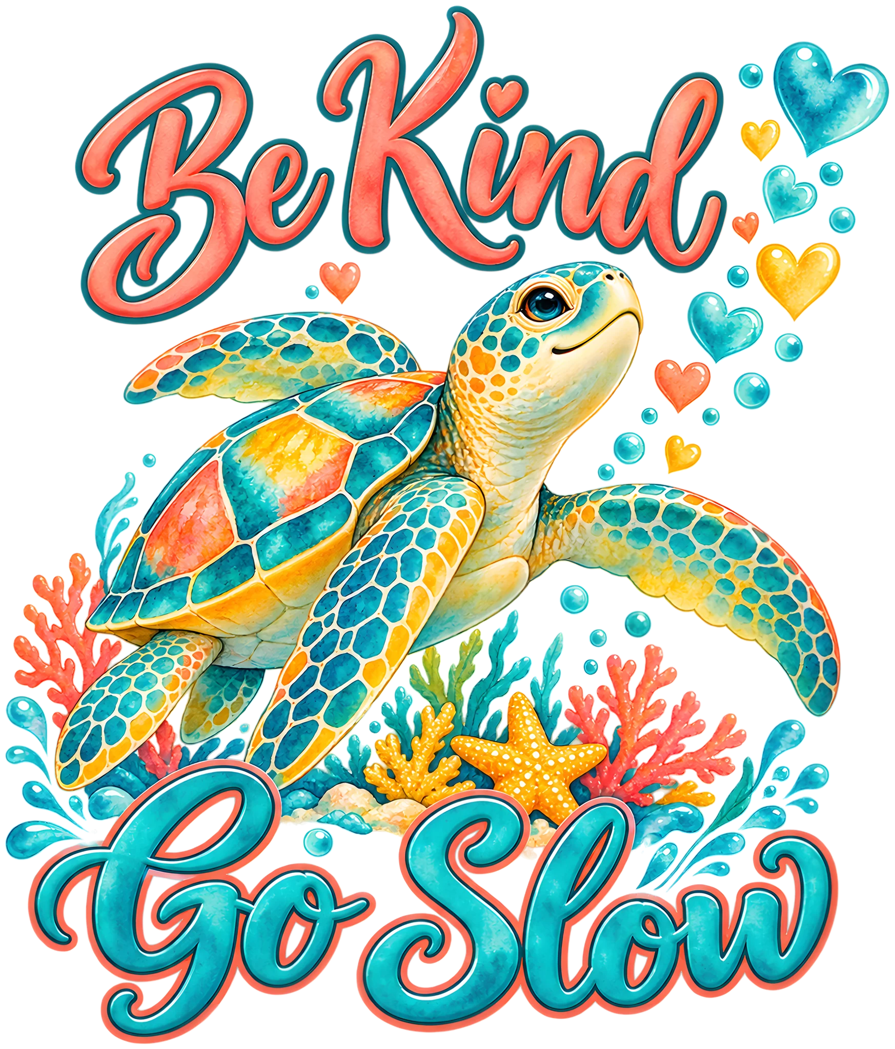 Be Kind Go Slow Watercolor Sea Turtle Heart Bubbles DTF Transfer