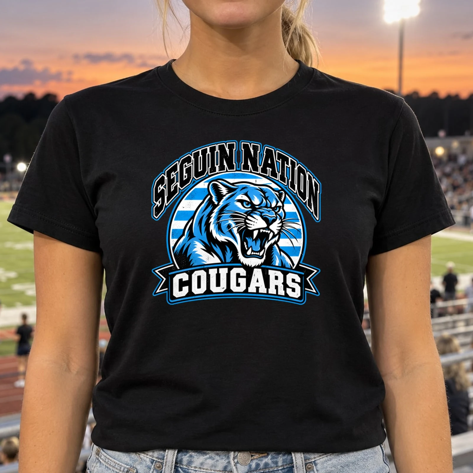 Seguin Nation Cougars Retro Sunset Badge Carolina Blue School Spirit DTF Transfer