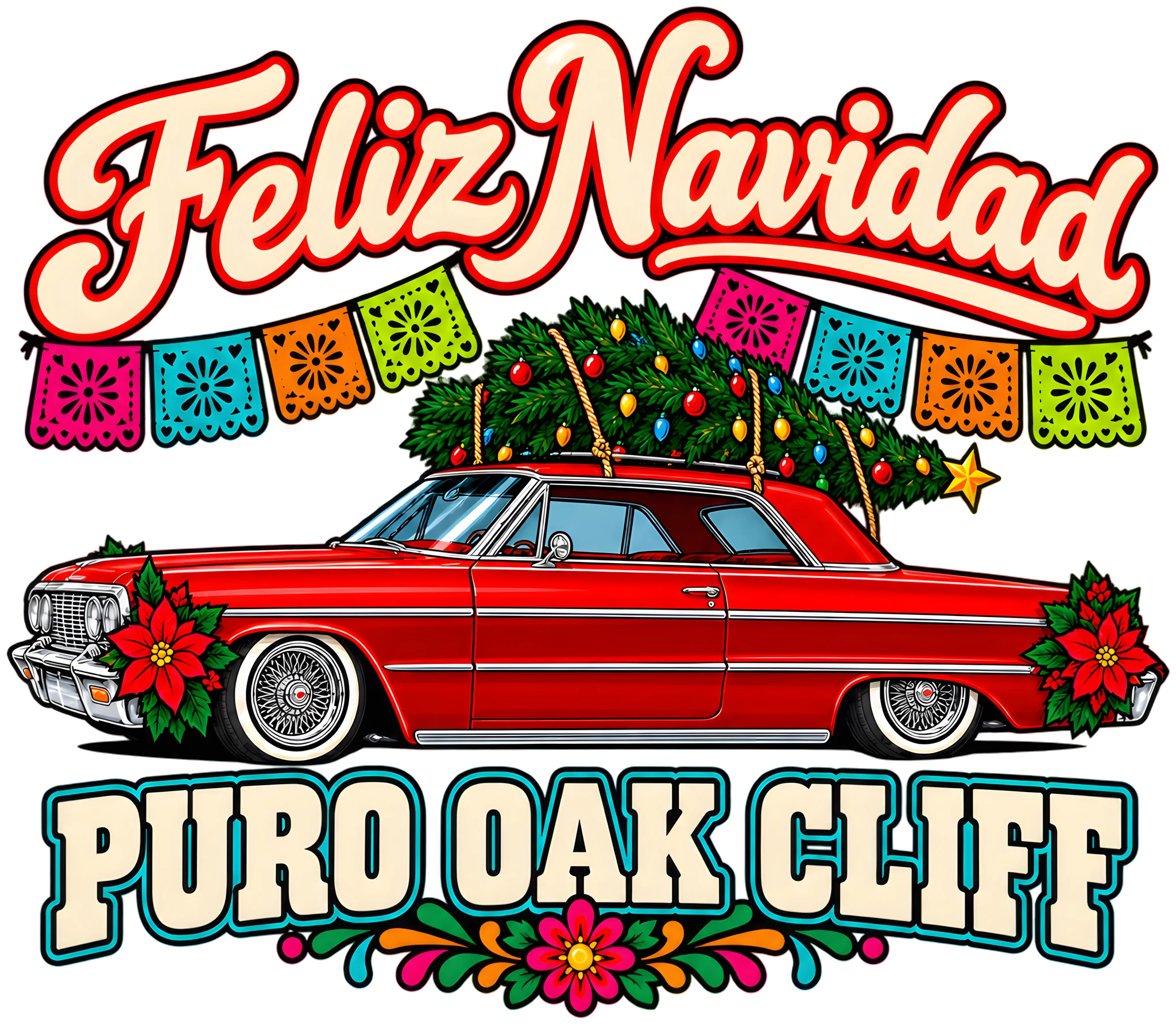 Feliz Navidad Puro Oak Cliff Lowrider Christmas Tree Folk Art DTF Transfer