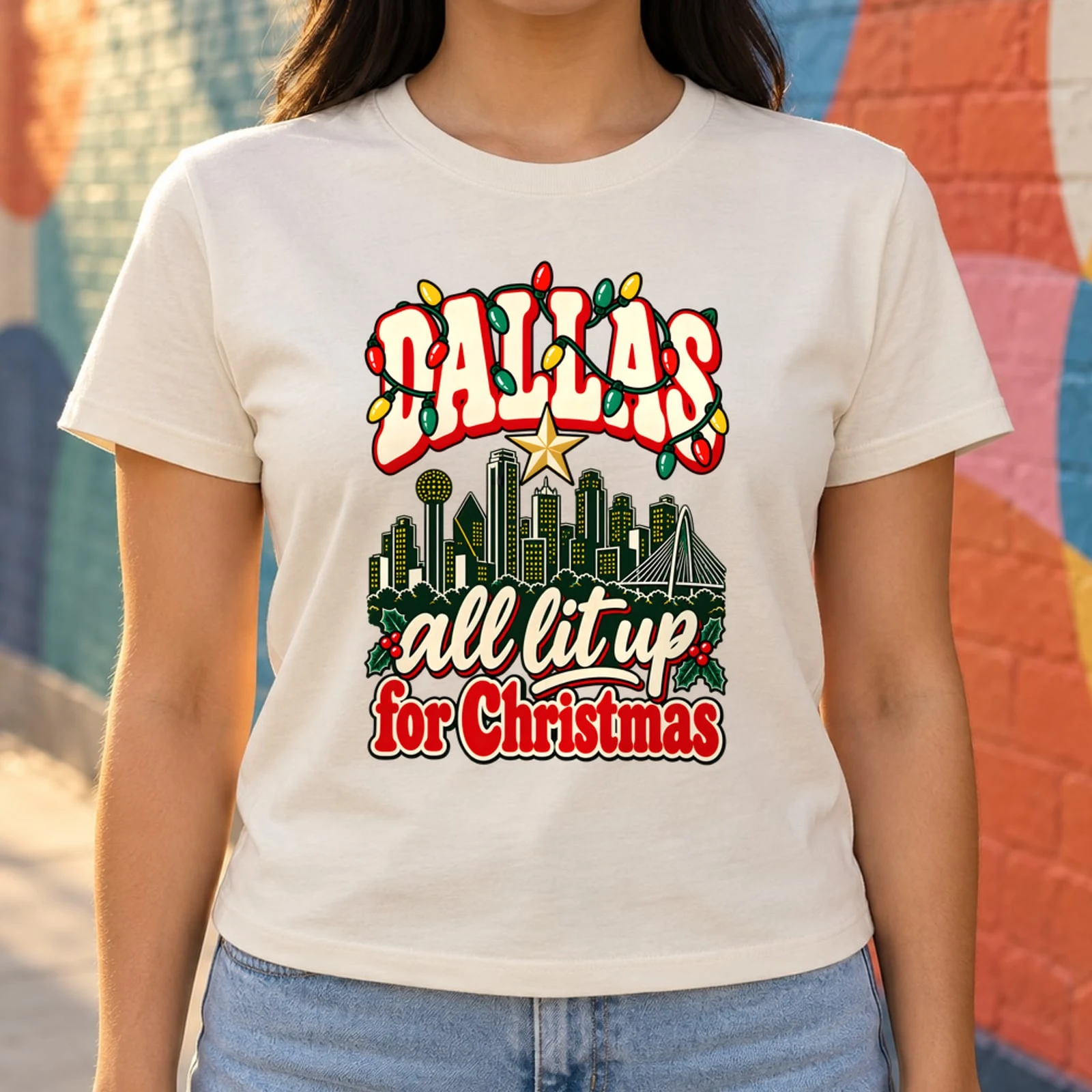 Dallas All Lit Up for Christmas Retro Skyline String Lights DTF Transfer