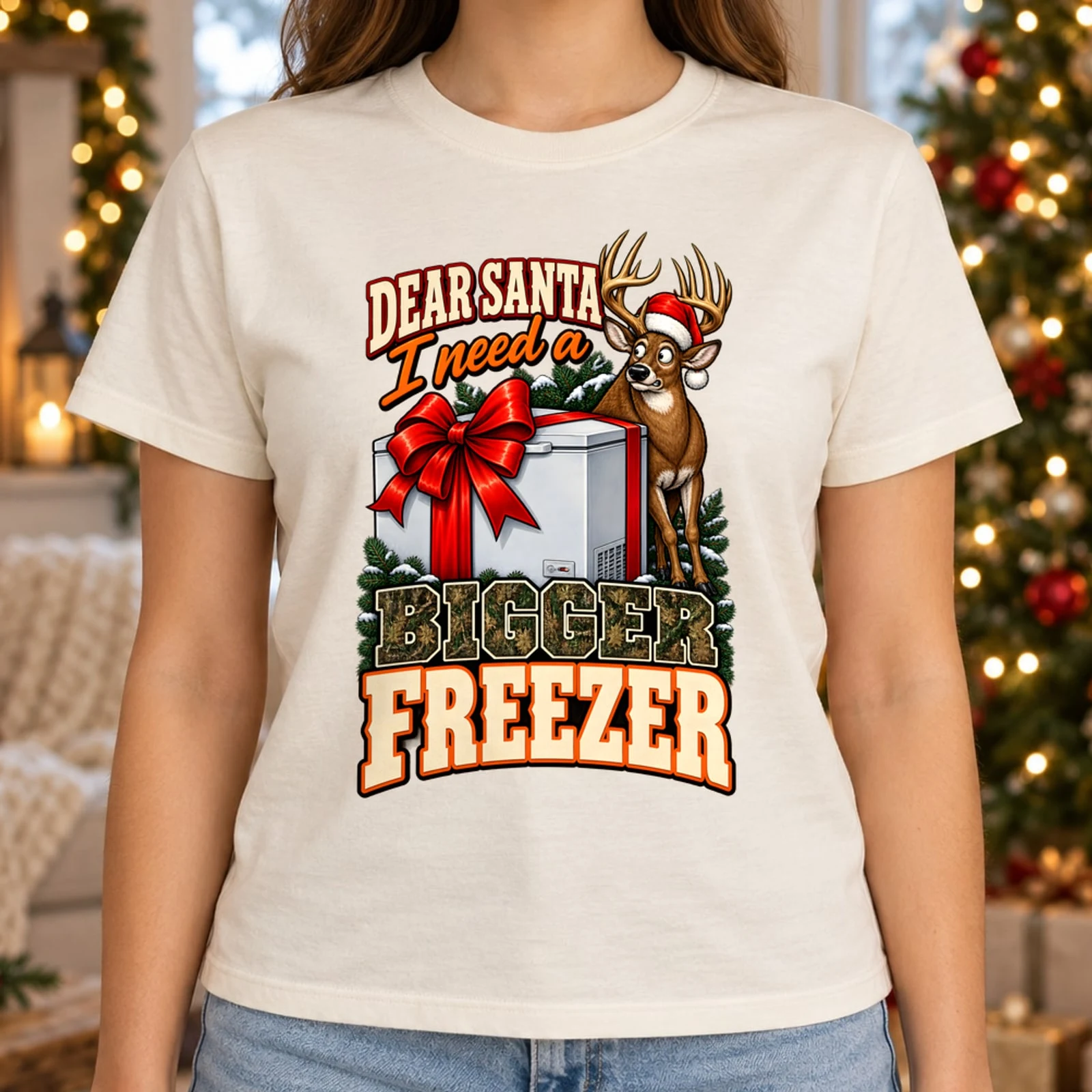 Dear Santa I Need a Bigger Freezer Funny Deer Hunting Christmas DTF Transfer