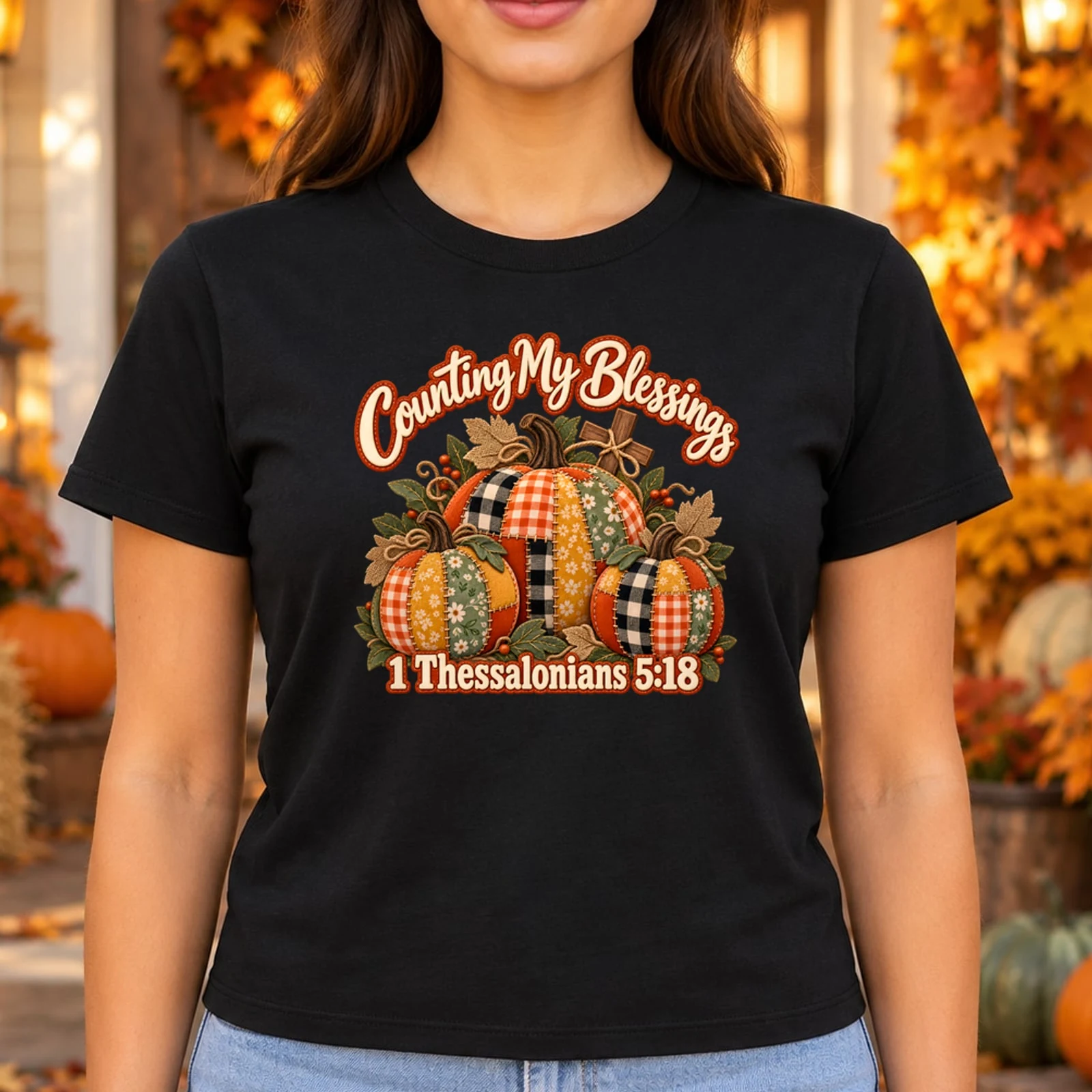 Counting My Blessings 1 Thessalonians 518 Faux Patchwork Pumpkin DTF Transfer