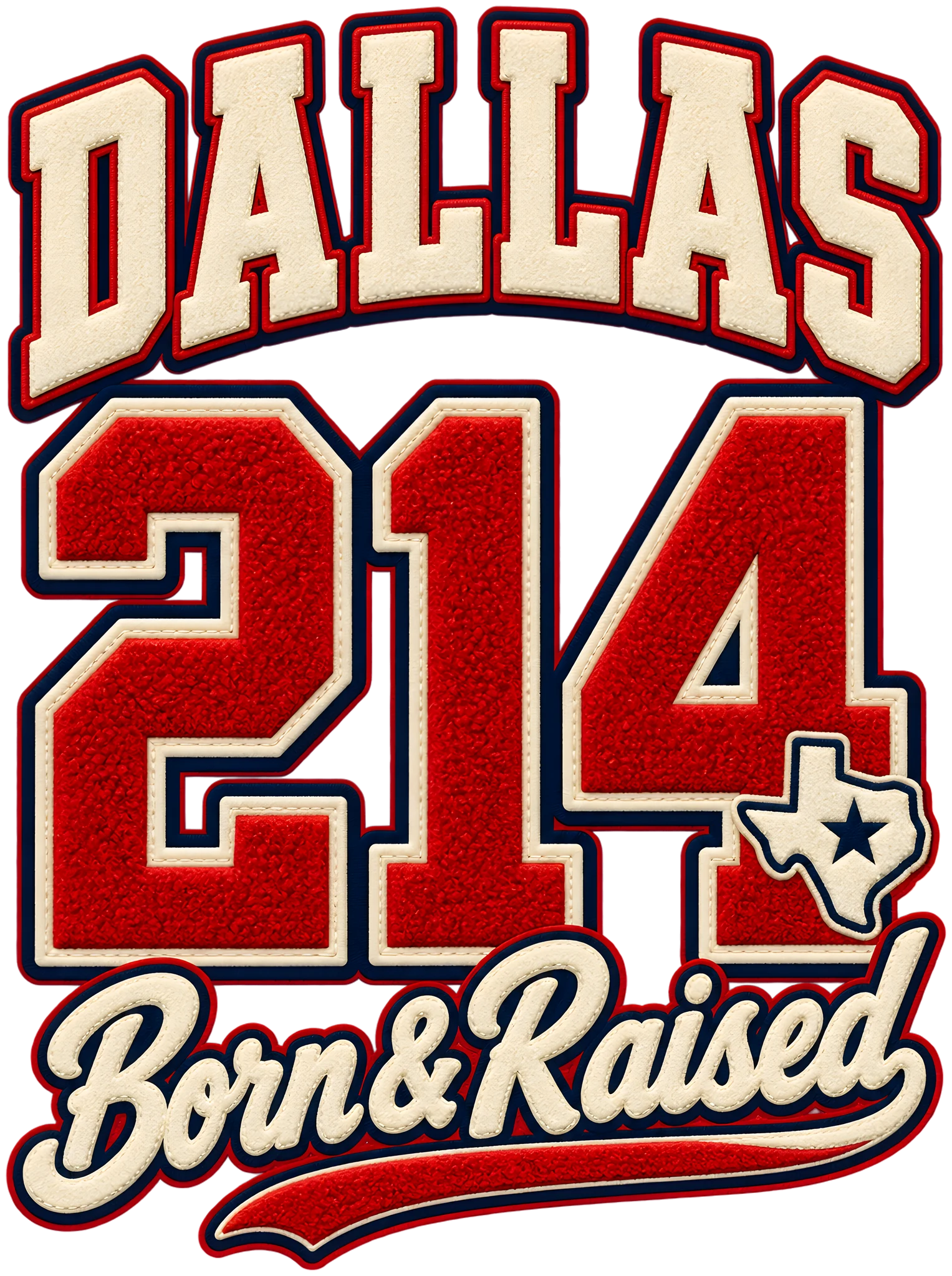 Dallas 214 Born and Raised Faux Chenille Varsity Area Code DTF Transfer