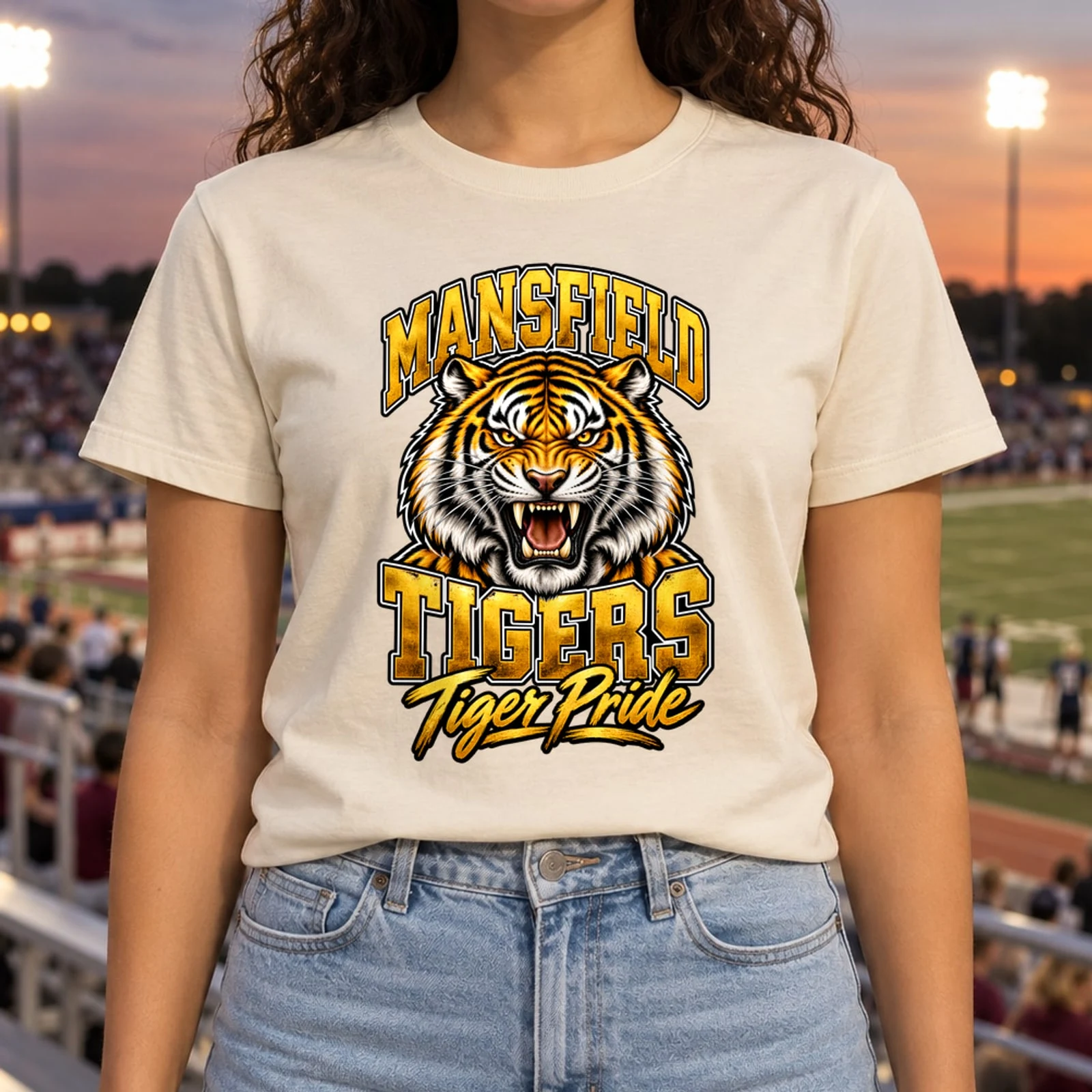Mansfield Tigers Tiger Pride Fierce Tiger Distressed Varsity Black Gold DTF Transfer