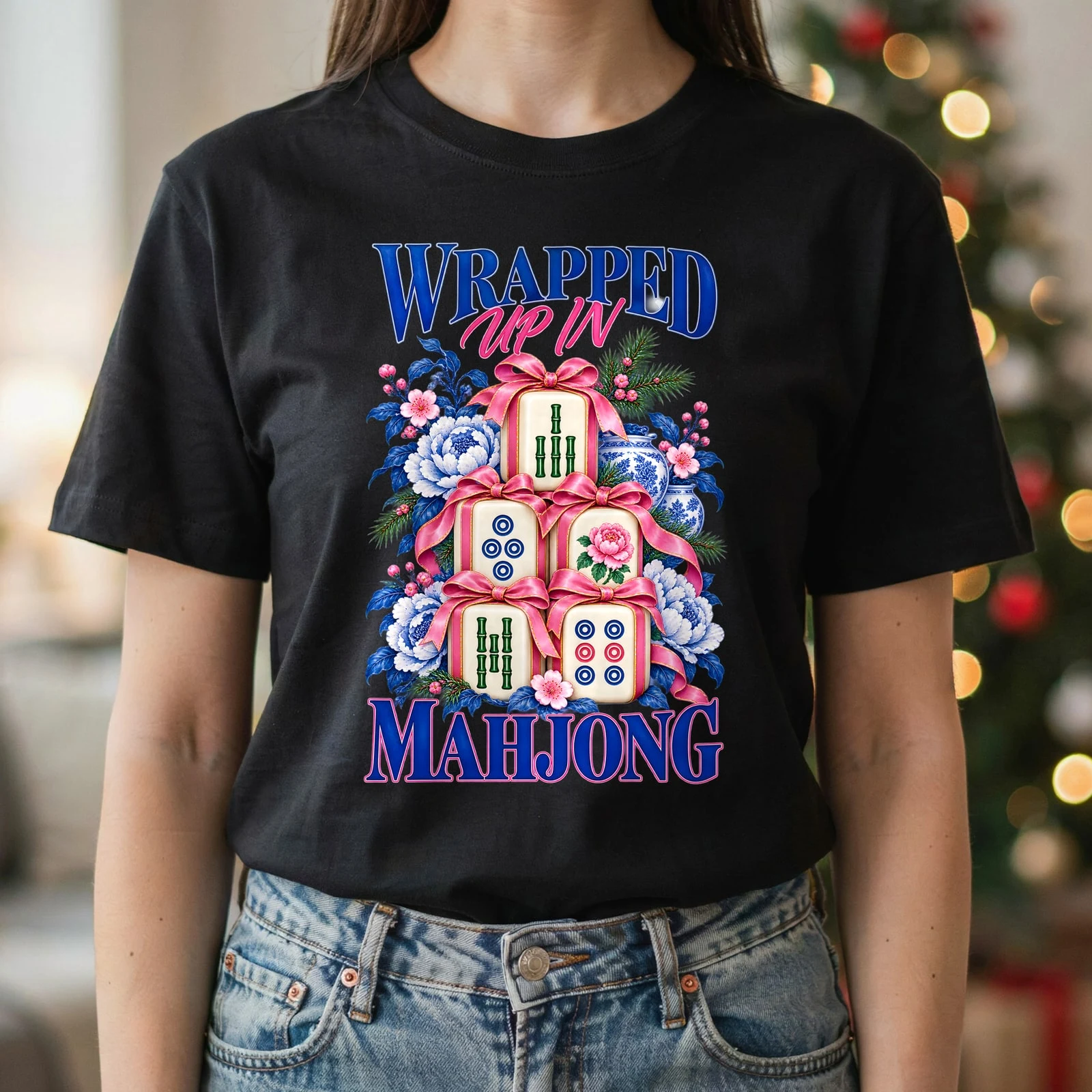 Wrapped Up in Mahjong Christmas Tiles Pink Bow Chinoiserie DTF Transfer