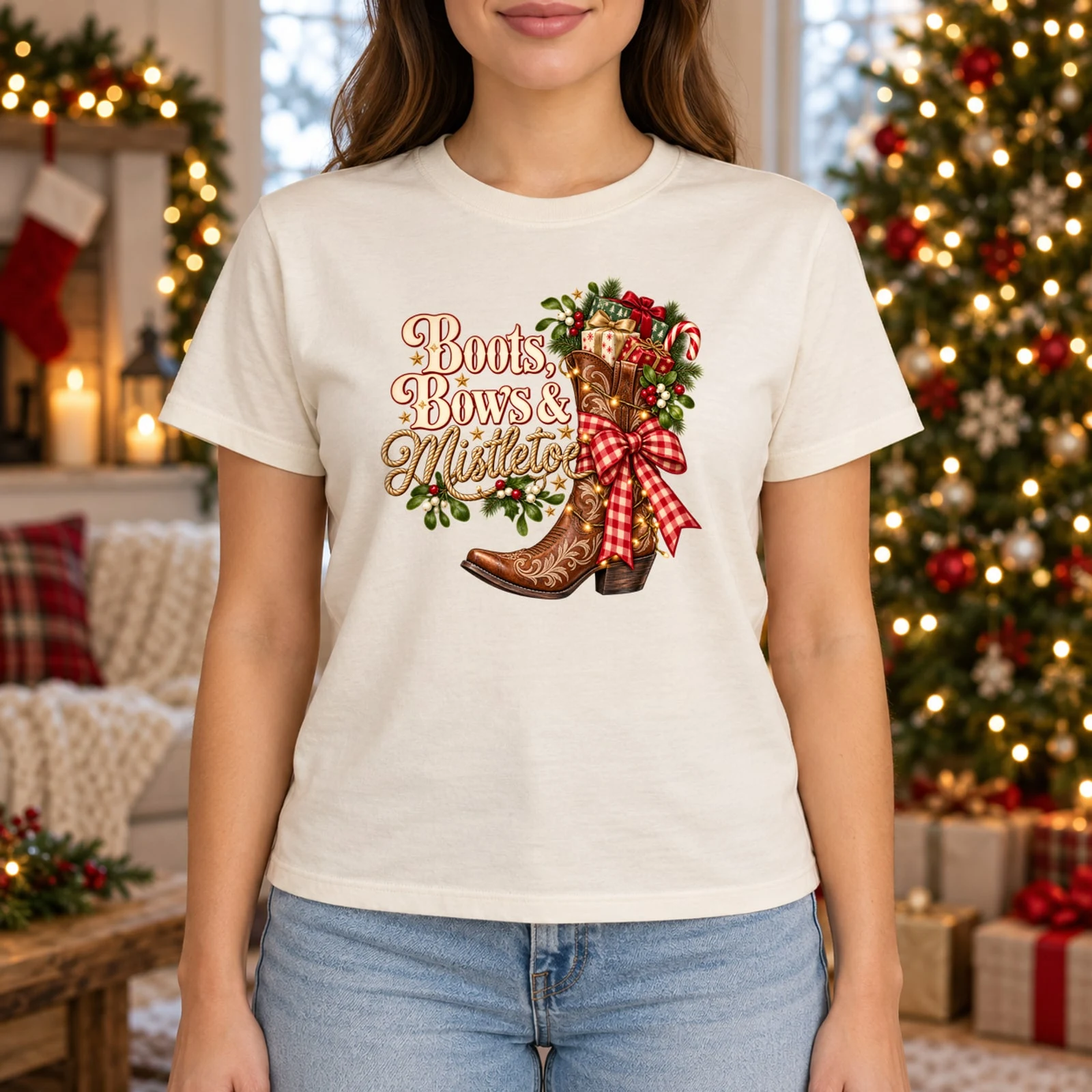 Boots Bows and Mistletoe Western Cowboy Boot Stocking Christmas DTF Transfer