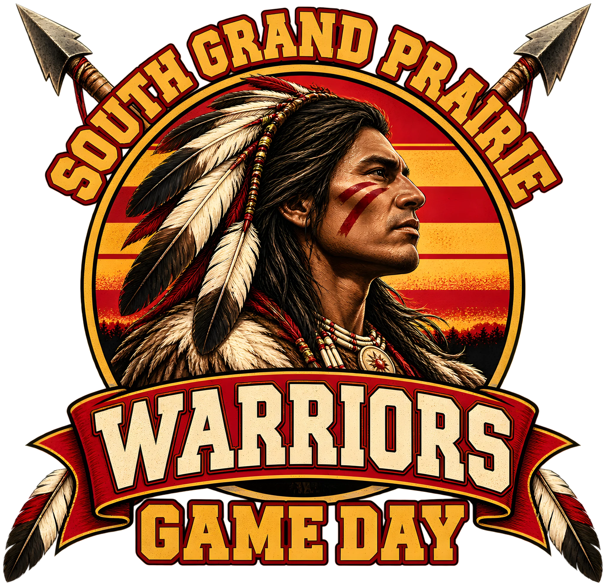 South Grand Prairie Warriors Retro Sunset Game Day Badge DTF Transfer