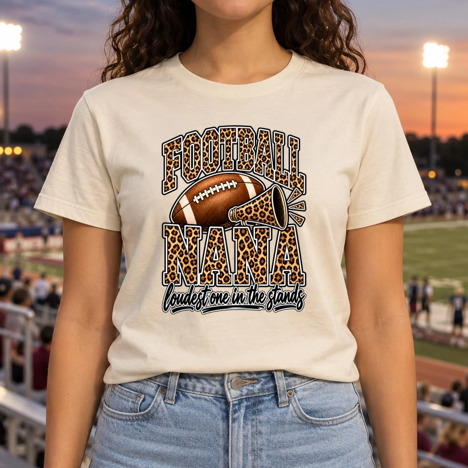 Football Nana Loudest One in the Stands Leopard Varsity Game Day DTF Transfer