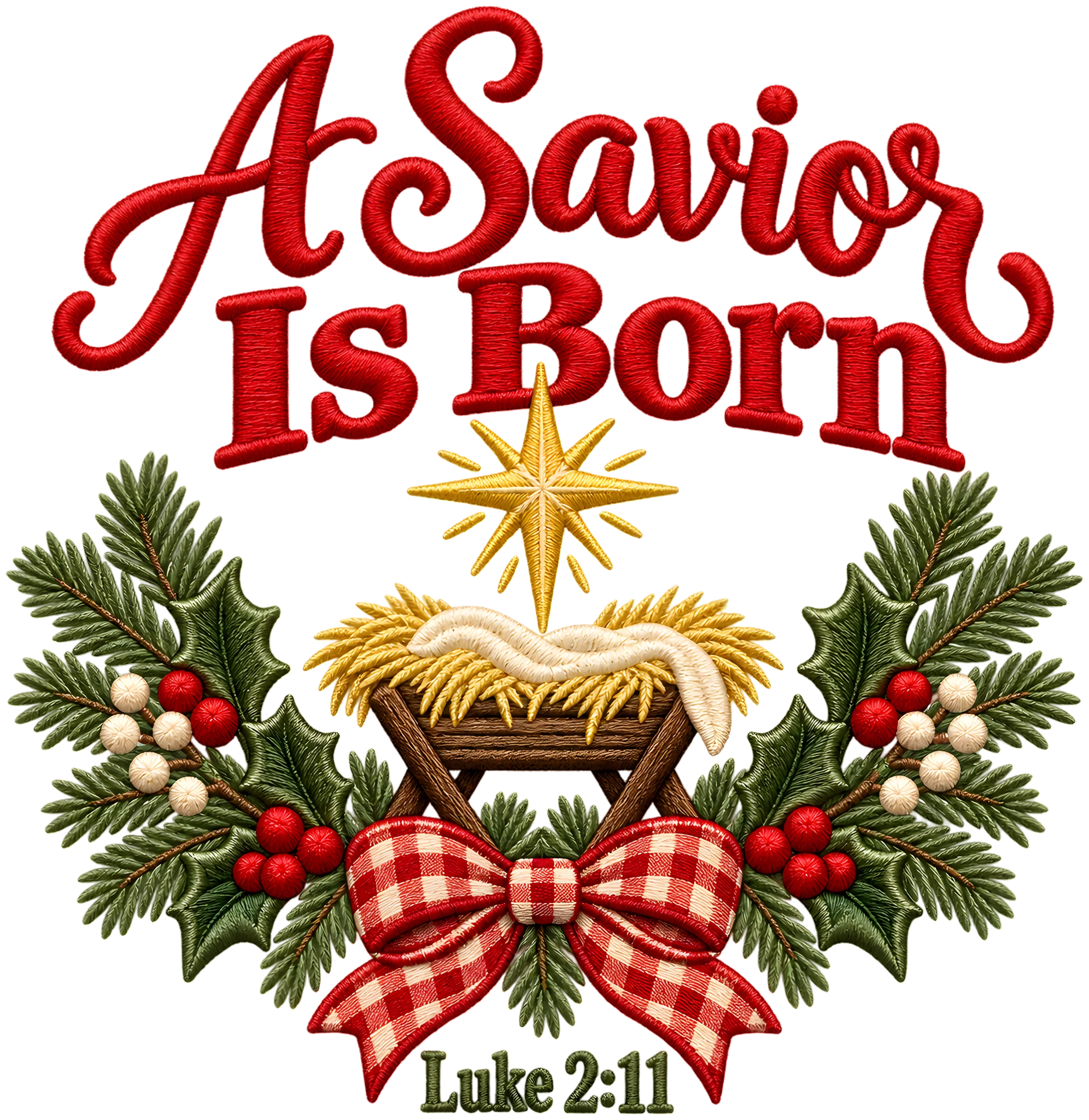 A Savior Is Born Luke 2:11 Faux Embroidery Gingham Bow Christian Christmas DTF Transfer