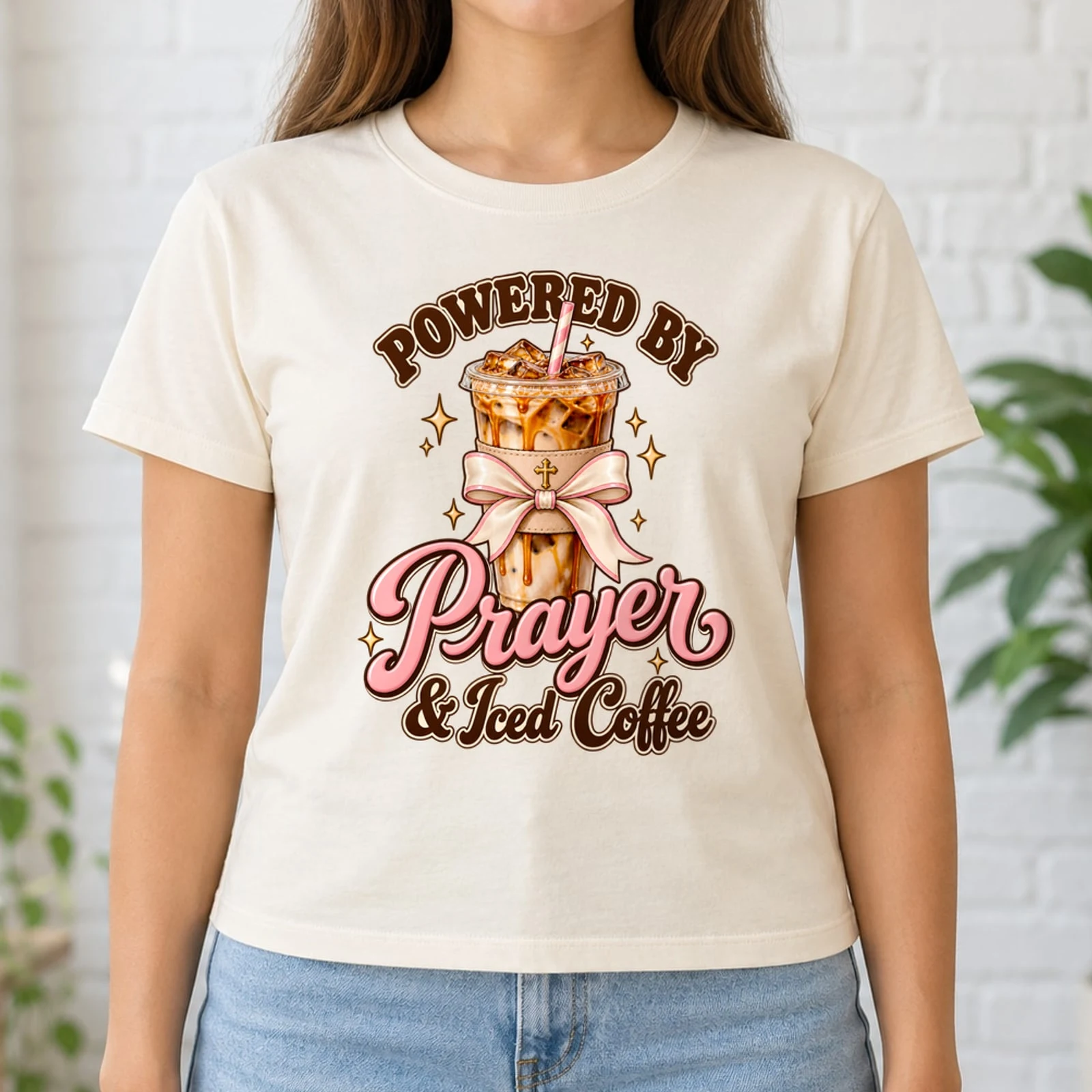 Powered by Prayer and Iced Coffee Christian Coffee Lover DTF Transfer