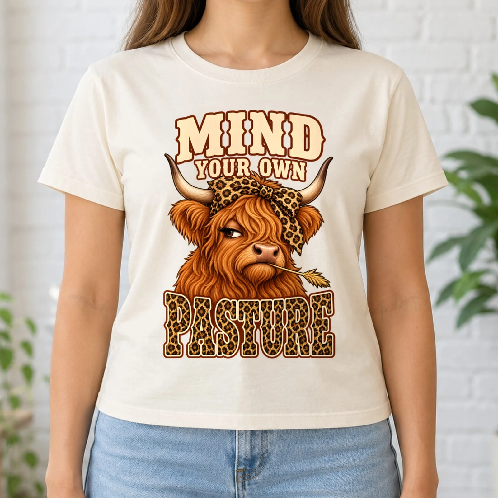 Mind Your Own Pasture Sassy Highland Cow Leopard Bow DTF Transfer