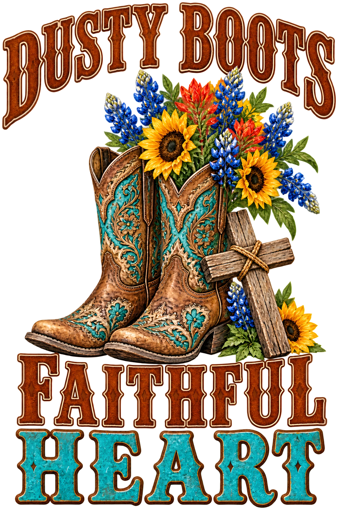 Dusty Boots Faithful Heart Western Cowgirl Boots Cross Wildflowers DTF Transfer